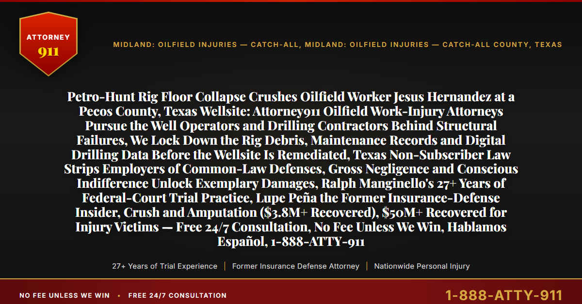 Petro-Hunt Rig Floor Collapse Crushes Oilfield Worker Jesus Hernandez at a Pecos County, Texas Wellsite: Attorney911 Oilfield Work-Injury Attorneys Pursue the Well Operators and Drilling Contractors Behind Structural Failures, We Lock Down the Rig Debris, Maintenance Records and Digital Drilling Data Before the Wellsite Is Remediated, Texas Non-Subscriber Law Strips Employers of Common-Law Defenses, Gross Negligence and Conscious Indifference Unlock Exemplary Damages, Ralph Manginello's 27+ Years of Federal-Court Trial Practice, Lupe Peña the Former Insurance-Defense Insider, Crush and Amputation ($3.8M+ Recovered), $50M+ Recovered for Injury Victims — Free 24/7 Consultation, No Fee Unless We Win, Hablamos Español, 1-888-ATTY-911 - Attorney911