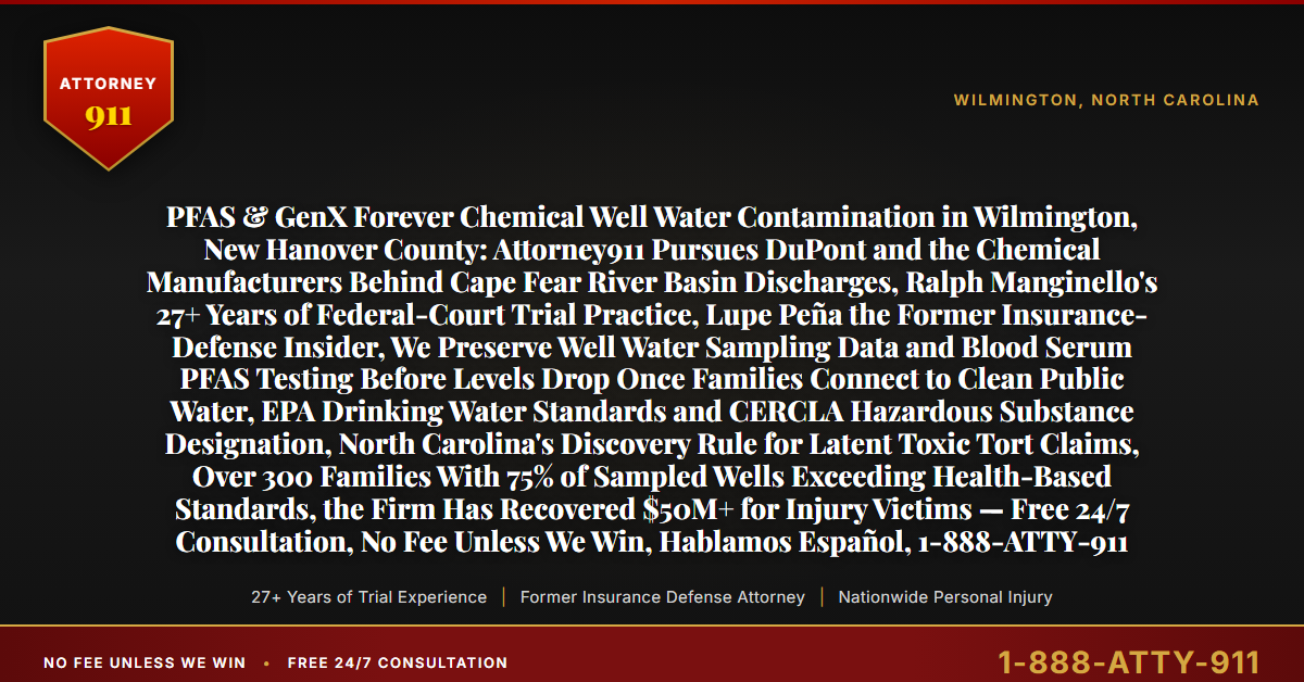 PFAS & GenX Forever Chemical Well Water Contamination in Wilmington, New Hanover County: Attorney911 Pursues DuPont and the Chemical Manufacturers Behind Cape Fear River Basin Discharges, Ralph Manginello's 27+ Years of Federal-Court Trial Practice, Lupe Peña the Former Insurance-Defense Insider, We Preserve Well Water Sampling Data and Blood Serum PFAS Testing Before Levels Drop Once Families Connect to Clean Public Water, EPA Drinking Water Standards and CERCLA Hazardous Substance Designation, North Carolina's Discovery Rule for Latent Toxic Tort Claims, Over 300 Families With 75% of Sampled Wells Exceeding Health-Based Standards, the Firm Has Recovered $50M+ for Injury Victims — Free 24/7 Consultation, No Fee Unless We Win, Hablamos Español, 1-888-ATTY-911 - Attorney911
