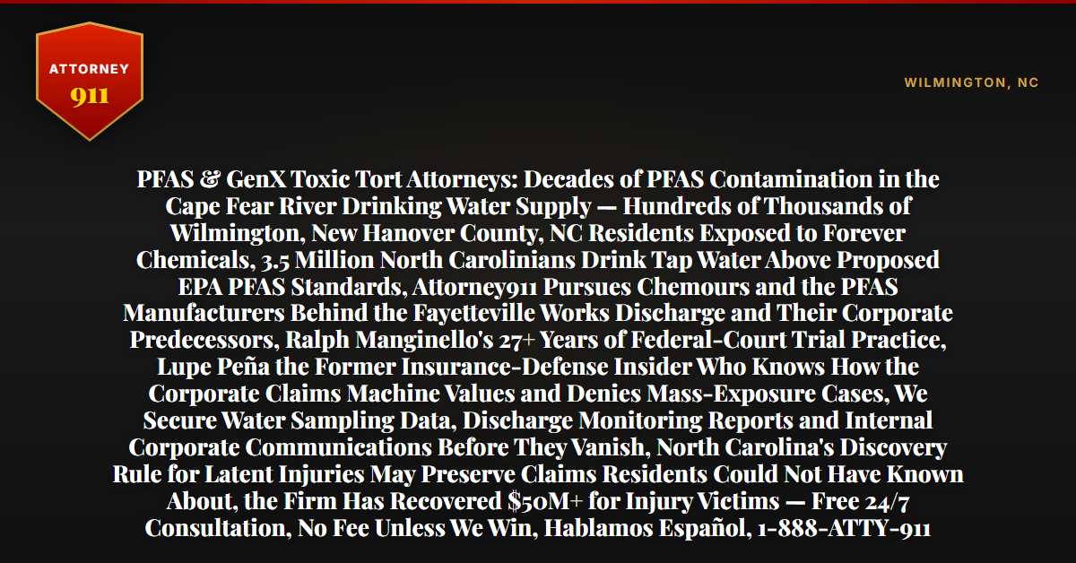 PFAS & GenX Toxic Tort Attorneys: Decades of PFAS Contamination in the Cape Fear River Drinking Water Supply — Hundreds of Thousands of Wilmington, New Hanover County, NC Residents Exposed to Forever Chemicals, 3.5 Million North Carolinians Drink Tap Water Above Proposed EPA PFAS Standards, Attorney911 Pursues Chemours and the PFAS Manufacturers Behind the Fayetteville Works Discharge and Their Corporate Predecessors, Ralph Manginello's 27+ Years of Federal-Court Trial Practice, Lupe Peña the Former Insurance-Defense Insider Who Knows How the Corporate Claims Machine Values and Denies Mass-Exposure Cases, We Secure Water Sampling Data, Discharge Monitoring Reports and Internal Corporate Communications Before They Vanish, North Carolina's Discovery Rule for Latent Injuries May Preserve Claims Residents Could Not Have Known About, the Firm Has Recovered $50M+ for Injury Victims — Free 24/7 Consultation, No Fee Unless We Win, Hablamos Español, 1-888-ATTY-911 - Attorney911