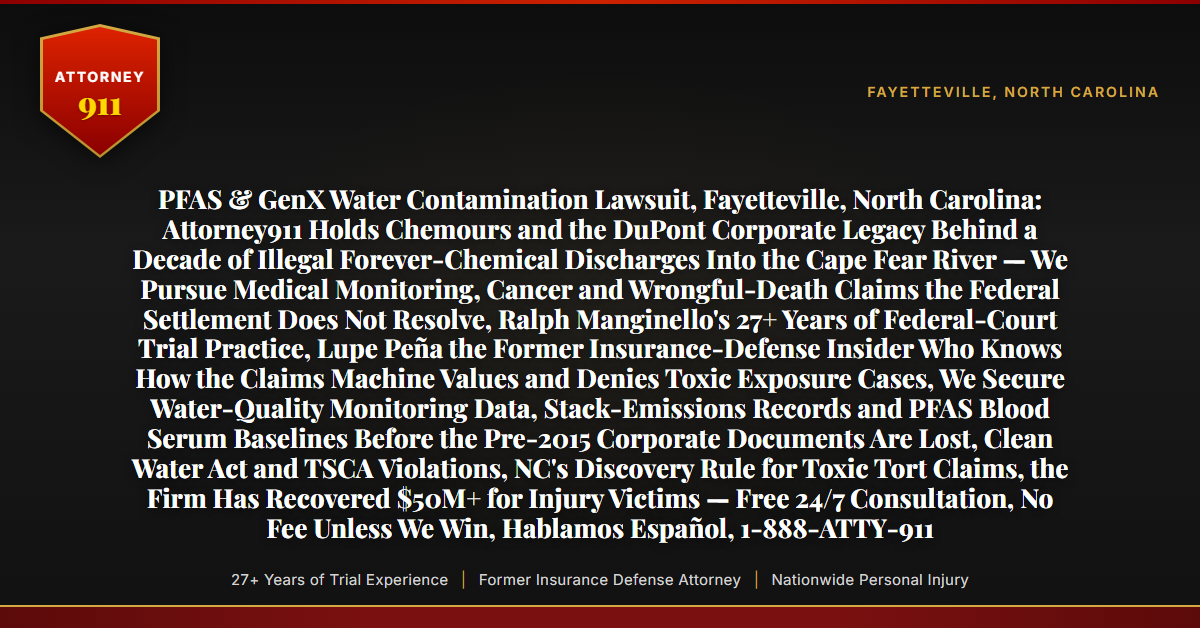 PFAS & GenX Water Contamination Lawsuit, Fayetteville, North Carolina: Attorney911 Holds Chemours and the DuPont Corporate Legacy Behind a Decade of Illegal Forever-Chemical Discharges Into the Cape Fear River — We Pursue Medical Monitoring, Cancer and Wrongful-Death Claims the Federal Settlement Does Not Resolve, Ralph Manginello's 27+ Years of Federal-Court Trial Practice, Lupe Peña the Former Insurance-Defense Insider Who Knows How the Claims Machine Values and Denies Toxic Exposure Cases, We Secure Water-Quality Monitoring Data, Stack-Emissions Records and PFAS Blood Serum Baselines Before the Pre-2015 Corporate Documents Are Lost, Clean Water Act and TSCA Violations, NC's Discovery Rule for Toxic Tort Claims, the Firm Has Recovered $50M+ for Injury Victims — Free 24/7 Consultation, No Fee Unless We Win, Hablamos Español, 1-888-ATTY-911 - Attorney911