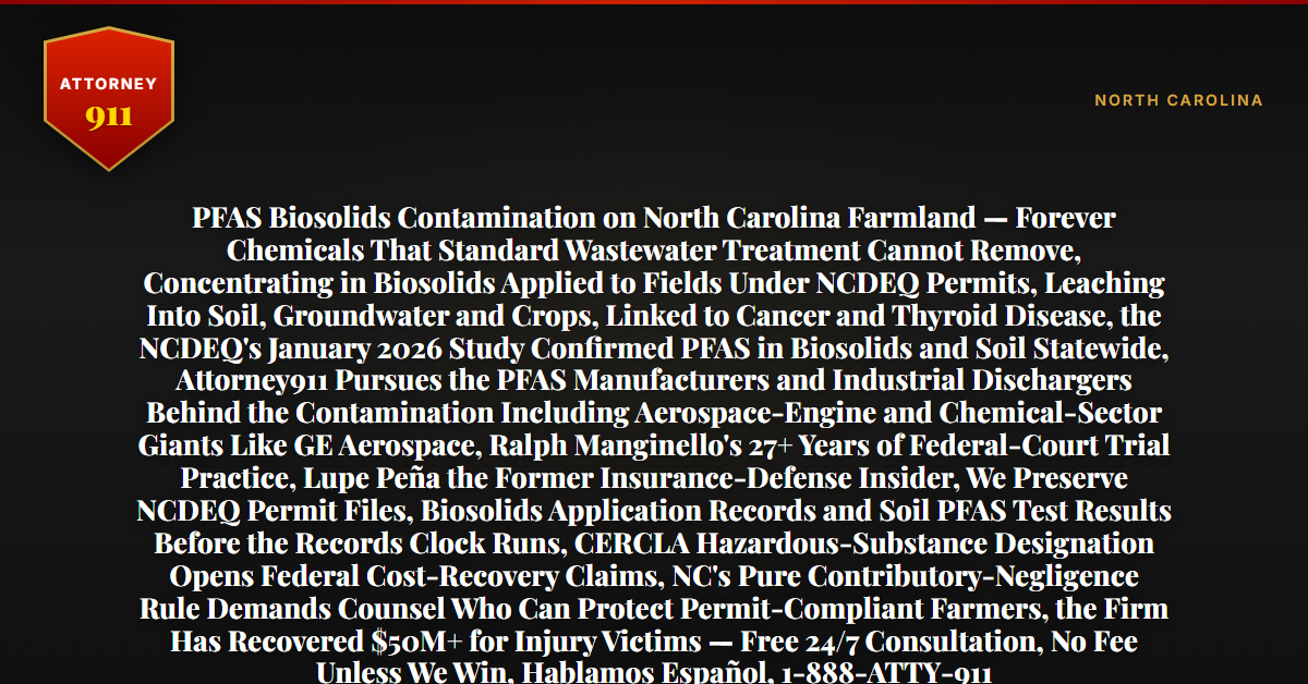 PFAS Biosolids Contamination on North Carolina Farmland — Forever Chemicals That Standard Wastewater Treatment Cannot Remove, Concentrating in Biosolids Applied to Fields Under NCDEQ Permits, Leaching Into Soil, Groundwater and Crops, Linked to Cancer and Thyroid Disease, the NCDEQ's January 2026 Study Confirmed PFAS in Biosolids and Soil Statewide, Attorney911 Pursues the PFAS Manufacturers and Industrial Dischargers Behind the Contamination Including Aerospace-Engine and Chemical-Sector Giants Like GE Aerospace, Ralph Manginello's 27+ Years of Federal-Court Trial Practice, Lupe Peña the Former Insurance-Defense Insider, We Preserve NCDEQ Permit Files, Biosolids Application Records and Soil PFAS Test Results Before the Records Clock Runs, CERCLA Hazardous-Substance Designation Opens Federal Cost-Recovery Claims, NC's Pure Contributory-Negligence Rule Demands Counsel Who Can Protect Permit-Compliant Farmers, the Firm Has Recovered $50M+ for Injury Victims — Free 24/7 Consultation, No Fee Unless We Win, Hablamos Español, 1-888-ATTY-911 - Attorney911