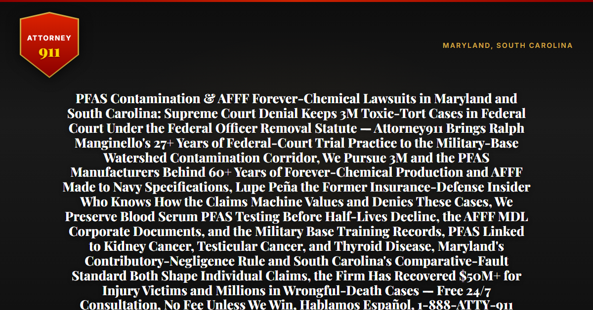 PFAS Contamination & AFFF Forever-Chemical Lawsuits in Maryland and South Carolina: Supreme Court Denial Keeps 3M Toxic-Tort Cases in Federal Court Under the Federal Officer Removal Statute — Attorney911 Brings Ralph Manginello's 27+ Years of Federal-Court Trial Practice to the Military-Base Watershed Contamination Corridor, We Pursue 3M and the PFAS Manufacturers Behind 60+ Years of Forever-Chemical Production and AFFF Made to Navy Specifications, Lupe Peña the Former Insurance-Defense Insider Who Knows How the Claims Machine Values and Denies These Cases, We Preserve Blood Serum PFAS Testing Before Half-Lives Decline, the AFFF MDL Corporate Documents, and the Military Base Training Records, PFAS Linked to Kidney Cancer, Testicular Cancer, and Thyroid Disease, Maryland's Contributory-Negligence Rule and South Carolina's Comparative-Fault Standard Both Shape Individual Claims, the Firm Has Recovered $50M+ for Injury Victims and Millions in Wrongful-Death Cases — Free 24/7 Consultation, No Fee Unless We Win, Hablamos Español, 1-888-ATTY-911 - Attorney911