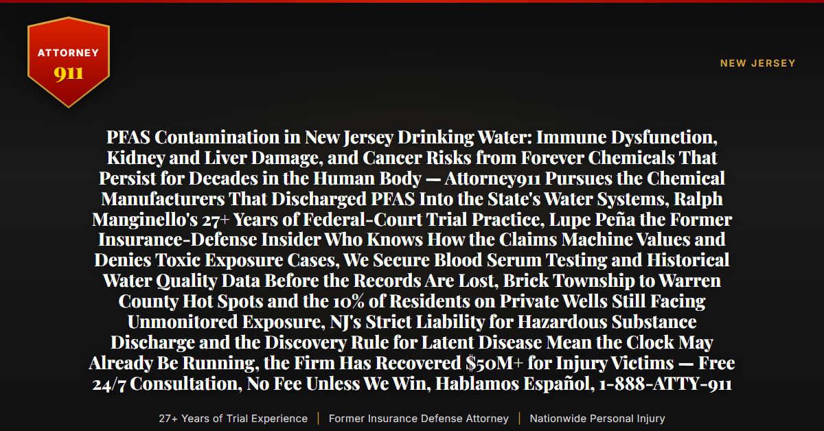 PFAS Contamination in New Jersey Drinking Water: Immune Dysfunction, Kidney and Liver Damage, and Cancer Risks from Forever Chemicals That Persist for Decades in the Human Body — Attorney911 Pursues the Chemical Manufacturers That Discharged PFAS Into the State's Water Systems, Ralph Manginello's 27+ Years of Federal-Court Trial Practice, Lupe Peña the Former Insurance-Defense Insider Who Knows How the Claims Machine Values and Denies Toxic Exposure Cases, We Secure Blood Serum Testing and Historical Water Quality Data Before the Records Are Lost, Brick Township to Warren County Hot Spots and the 10% of Residents on Private Wells Still Facing Unmonitored Exposure, NJ's Strict Liability for Hazardous Substance Discharge and the Discovery Rule for Latent Disease Mean the Clock May Already Be Running, the Firm Has Recovered $50M+ for Injury Victims — Free 24/7 Consultation, No Fee Unless We Win, Hablamos Español, 1-888-ATTY-911 - Attorney911