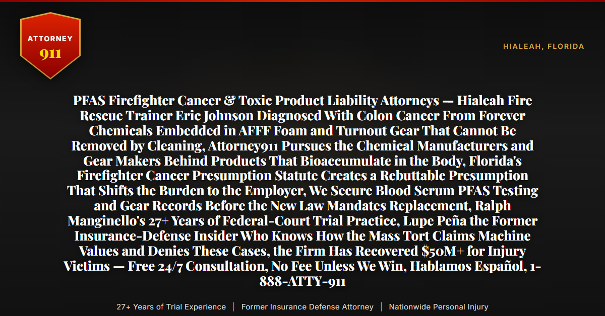 PFAS Firefighter Cancer & Toxic Product Liability Attorneys — Hialeah Fire Rescue Trainer Eric Johnson Diagnosed With Colon Cancer From Forever Chemicals Embedded in AFFF Foam and Turnout Gear That Cannot Be Removed by Cleaning, Attorney911 Pursues the Chemical Manufacturers and Gear Makers Behind Products That Bioaccumulate in the Body, Florida's Firefighter Cancer Presumption Statute Creates a Rebuttable Presumption That Shifts the Burden to the Employer, We Secure Blood Serum PFAS Testing and Gear Records Before the New Law Mandates Replacement, Ralph Manginello's 27+ Years of Federal-Court Trial Practice, Lupe Peña the Former Insurance-Defense Insider Who Knows How the Mass Tort Claims Machine Values and Denies These Cases, the Firm Has Recovered $50M+ for Injury Victims — Free 24/7 Consultation, No Fee Unless We Win, Hablamos Español, 1-888-ATTY-911 - Attorney911