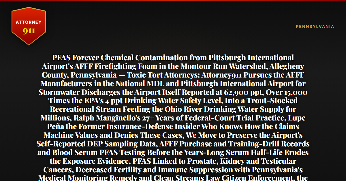 PFAS Forever Chemical Contamination from Pittsburgh International Airport's AFFF Firefighting Foam in the Montour Run Watershed, Allegheny County, Pennsylvania — Toxic Tort Attorneys: Attorney911 Pursues the AFFF Manufacturers in the National MDL and Pittsburgh International Airport for Stormwater Discharges the Airport Itself Reported at 62,900 ppt, Over 15,000 Times the EPA's 4 ppt Drinking Water Safety Level, Into a Trout-Stocked Recreational Stream Feeding the Ohio River Drinking Water Supply for Millions, Ralph Manginello's 27+ Years of Federal-Court Trial Practice, Lupe Peña the Former Insurance-Defense Insider Who Knows How the Claims Machine Values and Denies These Cases, We Move to Preserve the Airport's Self-Reported DEP Sampling Data, AFFF Purchase and Training-Drill Records and Blood Serum PFAS Testing Before the Years-Long Serum Half-Life Erodes the Exposure Evidence, PFAS Linked to Prostate, Kidney and Testicular Cancers, Decreased Fertility and Immune Suppression with Pennsylvania's Medical Monitoring Remedy and Clean Streams Law Citizen Enforcement, the Discovery Rule May Toll the Statute of Limitations Until the Airport's Sampling Data Was Disclosed, the Firm Has Recovered $50M+ for Injury Victims — Free 24/7 Consultation, No Fee Unless We Win, Hablamos Español, 1-888-ATTY-911 - Attorney911