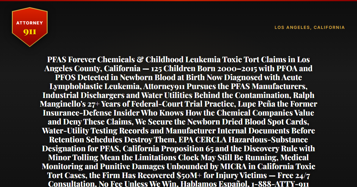 PFAS Forever Chemicals & Childhood Leukemia Toxic Tort Claims in Los Angeles County, California — 125 Children Born 2000–2015 with PFOA and PFOS Detected in Newborn Blood at Birth Now Diagnosed with Acute Lymphoblastic Leukemia, Attorney911 Pursues the PFAS Manufacturers, Industrial Dischargers and Water Utilities Behind the Contamination, Ralph Manginello's 27+ Years of Federal-Court Trial Practice, Lupe Peña the Former Insurance-Defense Insider Who Knows How the Chemical Companies Value and Deny These Claims, We Secure the Newborn Dried Blood Spot Cards, Water-Utility Testing Records and Manufacturer Internal Documents Before Retention Schedules Destroy Them, EPA CERCLA Hazardous-Substance Designation for PFAS, California Proposition 65 and the Discovery Rule with Minor Tolling Mean the Limitations Clock May Still Be Running, Medical Monitoring and Punitive Damages Unbounded by MICRA in California Toxic Tort Cases, the Firm Has Recovered $50M+ for Injury Victims — Free 24/7 Consultation, No Fee Unless We Win, Hablamos Español, 1-888-ATTY-911 - Attorney911