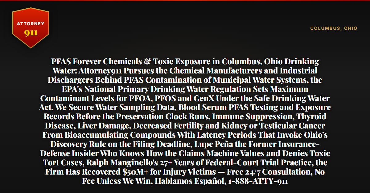 PFAS Forever Chemicals & Toxic Exposure in Columbus, Ohio Drinking Water: Attorney911 Pursues the Chemical Manufacturers and Industrial Dischargers Behind PFAS Contamination of Municipal Water Systems, the EPA's National Primary Drinking Water Regulation Sets Maximum Contaminant Levels for PFOA, PFOS and GenX Under the Safe Drinking Water Act, We Secure Water Sampling Data, Blood Serum PFAS Testing and Exposure Records Before the Preservation Clock Runs, Immune Suppression, Thyroid Disease, Liver Damage, Decreased Fertility and Kidney or Testicular Cancer From Bioaccumulating Compounds With Latency Periods That Invoke Ohio's Discovery Rule on the Filing Deadline, Lupe Peña the Former Insurance-Defense Insider Who Knows How the Claims Machine Values and Denies Toxic Tort Cases, Ralph Manginello's 27+ Years of Federal-Court Trial Practice, the Firm Has Recovered $50M+ for Injury Victims — Free 24/7 Consultation, No Fee Unless We Win, Hablamos Español, 1-888-ATTY-911 - Attorney911