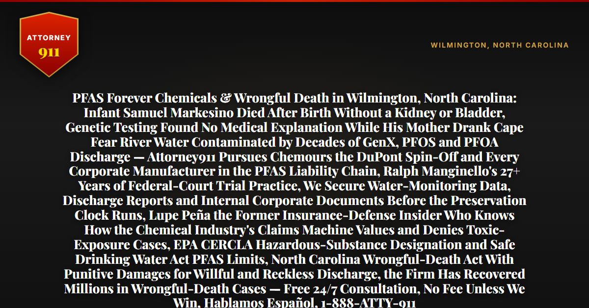 PFAS Forever Chemicals & Wrongful Death in Wilmington, North Carolina: Infant Samuel Markesino Died After Birth Without a Kidney or Bladder, Genetic Testing Found No Medical Explanation While His Mother Drank Cape Fear River Water Contaminated by Decades of GenX, PFOS and PFOA Discharge — Attorney911 Pursues Chemours the DuPont Spin-Off and Every Corporate Manufacturer in the PFAS Liability Chain, Ralph Manginello's 27+ Years of Federal-Court Trial Practice, We Secure Water-Monitoring Data, Discharge Reports and Internal Corporate Documents Before the Preservation Clock Runs, Lupe Peña the Former Insurance-Defense Insider Who Knows How the Chemical Industry's Claims Machine Values and Denies Toxic-Exposure Cases, EPA CERCLA Hazardous-Substance Designation and Safe Drinking Water Act PFAS Limits, North Carolina Wrongful-Death Act With Punitive Damages for Willful and Reckless Discharge, the Firm Has Recovered Millions in Wrongful-Death Cases — Free 24/7 Consultation, No Fee Unless We Win, Hablamos Español, 1-888-ATTY-911 - Attorney911