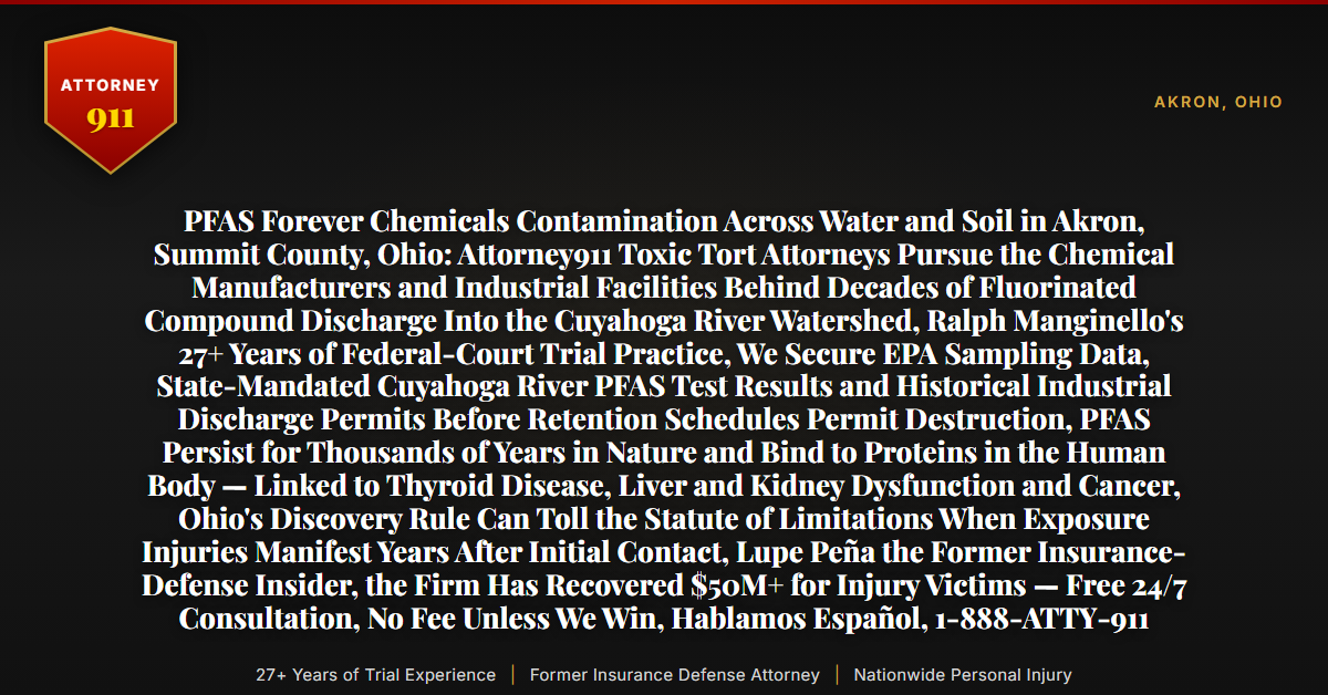 PFAS Forever Chemicals Contamination Across Water and Soil in Akron, Summit County, Ohio: Attorney911 Toxic Tort Attorneys Pursue the Chemical Manufacturers and Industrial Facilities Behind Decades of Fluorinated Compound Discharge Into the Cuyahoga River Watershed, Ralph Manginello's 27+ Years of Federal-Court Trial Practice, We Secure EPA Sampling Data, State-Mandated Cuyahoga River PFAS Test Results and Historical Industrial Discharge Permits Before Retention Schedules Permit Destruction, PFAS Persist for Thousands of Years in Nature and Bind to Proteins in the Human Body — Linked to Thyroid Disease, Liver and Kidney Dysfunction and Cancer, Ohio's Discovery Rule Can Toll the Statute of Limitations When Exposure Injuries Manifest Years After Initial Contact, Lupe Peña the Former Insurance-Defense Insider, the Firm Has Recovered $50M+ for Injury Victims — Free 24/7 Consultation, No Fee Unless We Win, Hablamos Español, 1-888-ATTY-911 - Attorney911