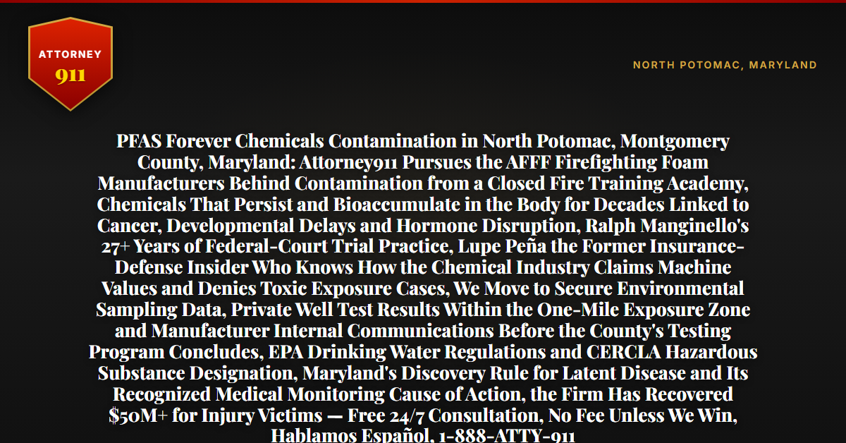PFAS Forever Chemicals Contamination in North Potomac, Montgomery County, Maryland: Attorney911 Pursues the AFFF Firefighting Foam Manufacturers Behind Contamination from a Closed Fire Training Academy, Chemicals That Persist and Bioaccumulate in the Body for Decades Linked to Cancer, Developmental Delays and Hormone Disruption, Ralph Manginello's 27+ Years of Federal-Court Trial Practice, Lupe Peña the Former Insurance-Defense Insider Who Knows How the Chemical Industry Claims Machine Values and Denies Toxic Exposure Cases, We Move to Secure Environmental Sampling Data, Private Well Test Results Within the One-Mile Exposure Zone and Manufacturer Internal Communications Before the County's Testing Program Concludes, EPA Drinking Water Regulations and CERCLA Hazardous Substance Designation, Maryland's Discovery Rule for Latent Disease and Its Recognized Medical Monitoring Cause of Action, the Firm Has Recovered $50M+ for Injury Victims — Free 24/7 Consultation, No Fee Unless We Win, Hablamos Español, 1-888-ATTY-911 - Attorney911