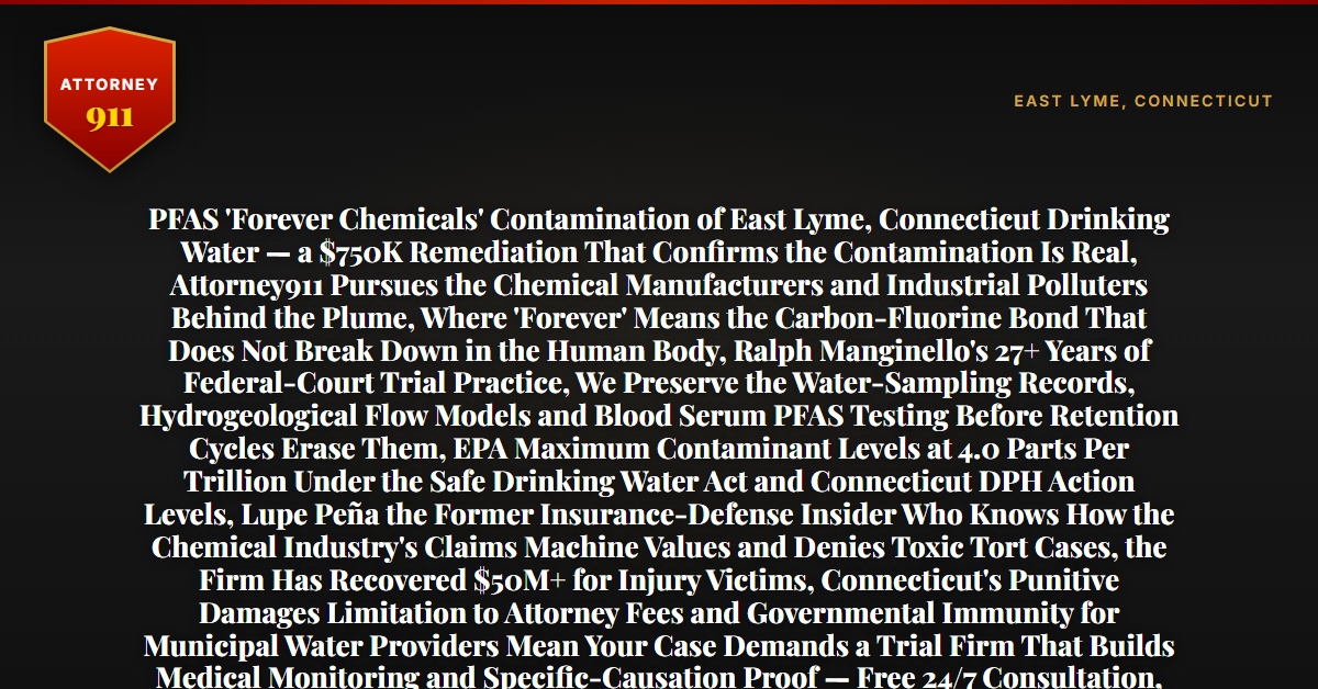 PFAS 'Forever Chemicals' Contamination of East Lyme, Connecticut Drinking Water — a $750K Remediation That Confirms the Contamination Is Real, Attorney911 Pursues the Chemical Manufacturers and Industrial Polluters Behind the Plume, Where 'Forever' Means the Carbon-Fluorine Bond That Does Not Break Down in the Human Body, Ralph Manginello's 27+ Years of Federal-Court Trial Practice, We Preserve the Water-Sampling Records, Hydrogeological Flow Models and Blood Serum PFAS Testing Before Retention Cycles Erase Them, EPA Maximum Contaminant Levels at 4.0 Parts Per Trillion Under the Safe Drinking Water Act and Connecticut DPH Action Levels, Lupe Peña the Former Insurance-Defense Insider Who Knows How the Chemical Industry's Claims Machine Values and Denies Toxic Tort Cases, the Firm Has Recovered $50M+ for Injury Victims, Connecticut's Punitive Damages Limitation to Attorney Fees and Governmental Immunity for Municipal Water Providers Mean Your Case Demands a Trial Firm That Builds Medical Monitoring and Specific-Causation Proof — Free 24/7 Consultation, No Fee Unless We Win, Hablamos Español, 1-888-ATTY-911 - Attorney911