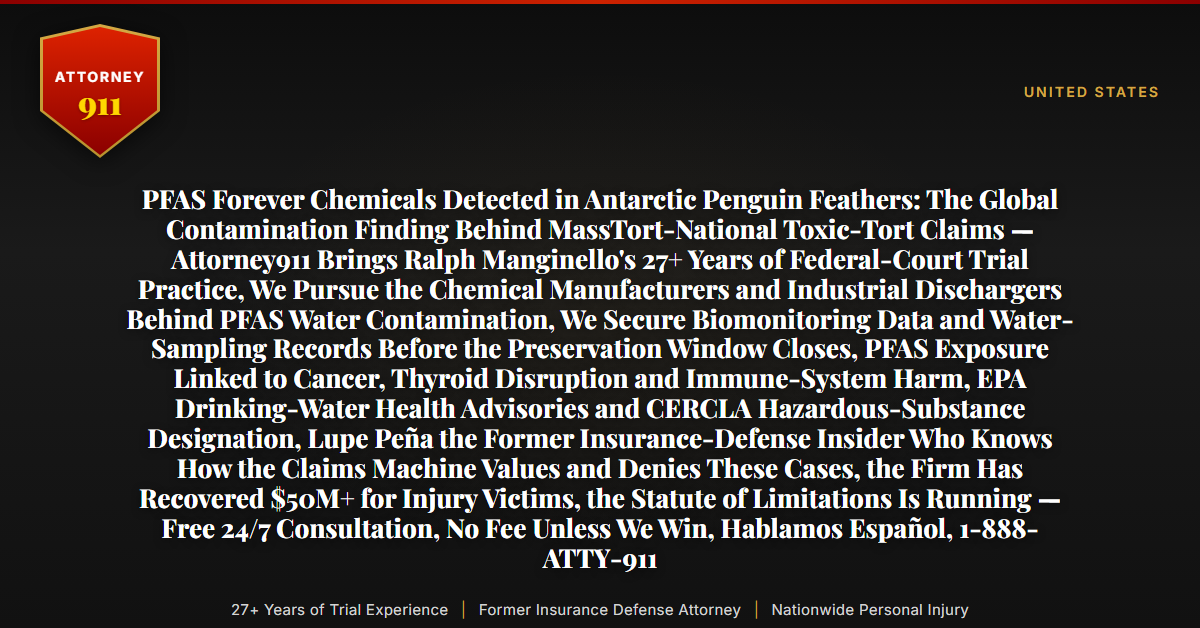 PFAS Forever Chemicals Detected in Antarctic Penguin Feathers: The Global Contamination Finding Behind MassTort-National Toxic-Tort Claims — Attorney911 Brings Ralph Manginello's 27+ Years of Federal-Court Trial Practice, We Pursue the Chemical Manufacturers and Industrial Dischargers Behind PFAS Water Contamination, We Secure Biomonitoring Data and Water-Sampling Records Before the Preservation Window Closes, PFAS Exposure Linked to Cancer, Thyroid Disruption and Immune-System Harm, EPA Drinking-Water Health Advisories and CERCLA Hazardous-Substance Designation, Lupe Peña the Former Insurance-Defense Insider Who Knows How the Claims Machine Values and Denies These Cases, the Firm Has Recovered $50M+ for Injury Victims, the Statute of Limitations Is Running — Free 24/7 Consultation, No Fee Unless We Win, Hablamos Español, 1-888-ATTY-911 - Attorney911