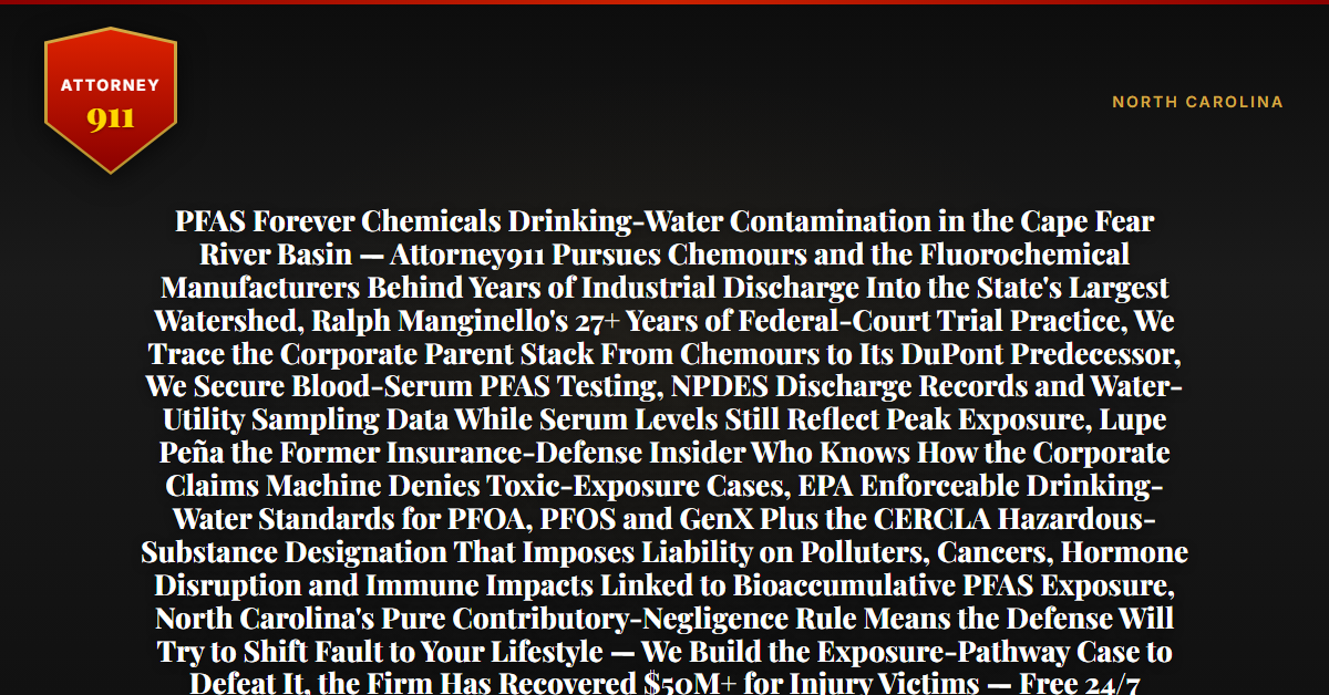 PFAS Forever Chemicals Drinking-Water Contamination in the Cape Fear River Basin — Attorney911 Pursues Chemours and the Fluorochemical Manufacturers Behind Years of Industrial Discharge Into the State's Largest Watershed, Ralph Manginello's 27+ Years of Federal-Court Trial Practice, We Trace the Corporate Parent Stack From Chemours to Its DuPont Predecessor, We Secure Blood-Serum PFAS Testing, NPDES Discharge Records and Water-Utility Sampling Data While Serum Levels Still Reflect Peak Exposure, Lupe Peña the Former Insurance-Defense Insider Who Knows How the Corporate Claims Machine Denies Toxic-Exposure Cases, EPA Enforceable Drinking-Water Standards for PFOA, PFOS and GenX Plus the CERCLA Hazardous-Substance Designation That Imposes Liability on Polluters, Cancers, Hormone Disruption and Immune Impacts Linked to Bioaccumulative PFAS Exposure, North Carolina's Pure Contributory-Negligence Rule Means the Defense Will Try to Shift Fault to Your Lifestyle — We Build the Exposure-Pathway Case to Defeat It, the Firm Has Recovered $50M+ for Injury Victims — Free 24/7 Consultation, No Fee Unless We Win, Hablamos Español, 1-888-ATTY-911 - Attorney911