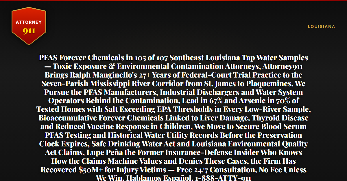 PFAS Forever Chemicals in 105 of 107 Southeast Louisiana Tap Water Samples — Toxic Exposure & Environmental Contamination Attorneys, Attorney911 Brings Ralph Manginello's 27+ Years of Federal-Court Trial Practice to the Seven-Parish Mississippi River Corridor from St. James to Plaquemines, We Pursue the PFAS Manufacturers, Industrial Dischargers and Water System Operators Behind the Contamination, Lead in 67% and Arsenic in 70% of Tested Homes with Salt Exceeding EPA Thresholds in Every Low-River Sample, Bioaccumulative Forever Chemicals Linked to Liver Damage, Thyroid Disease and Reduced Vaccine Response in Children, We Move to Secure Blood Serum PFAS Testing and Historical Water Utility Records Before the Preservation Clock Expires, Safe Drinking Water Act and Louisiana Environmental Quality Act Claims, Lupe Peña the Former Insurance-Defense Insider Who Knows How the Claims Machine Values and Denies These Cases, the Firm Has Recovered $50M+ for Injury Victims — Free 24/7 Consultation, No Fee Unless We Win, Hablamos Español, 1-888-ATTY-911 - Attorney911