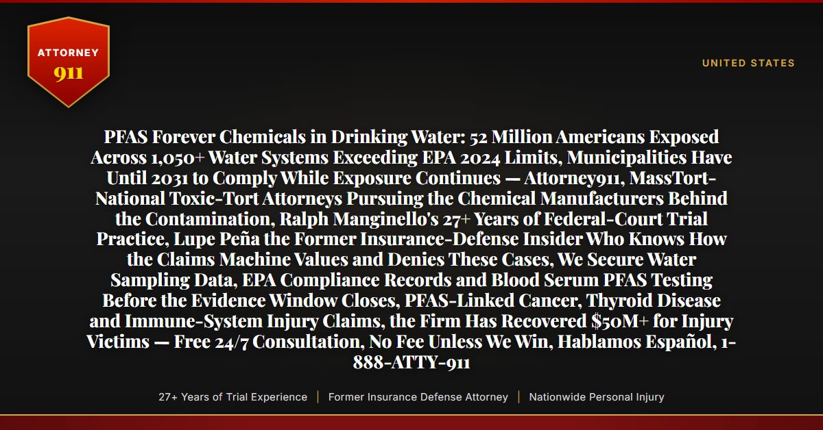 PFAS Forever Chemicals in Drinking Water: 52 Million Americans Exposed Across 1,050+ Water Systems Exceeding EPA 2024 Limits, Municipalities Have Until 2031 to Comply While Exposure Continues — Attorney911, MassTort-National Toxic-Tort Attorneys Pursuing the Chemical Manufacturers Behind the Contamination, Ralph Manginello's 27+ Years of Federal-Court Trial Practice, Lupe Peña the Former Insurance-Defense Insider Who Knows How the Claims Machine Values and Denies These Cases, We Secure Water Sampling Data, EPA Compliance Records and Blood Serum PFAS Testing Before the Evidence Window Closes, PFAS-Linked Cancer, Thyroid Disease and Immune-System Injury Claims, the Firm Has Recovered $50M+ for Injury Victims — Free 24/7 Consultation, No Fee Unless We Win, Hablamos Español, 1-888-ATTY-911 - Attorney911