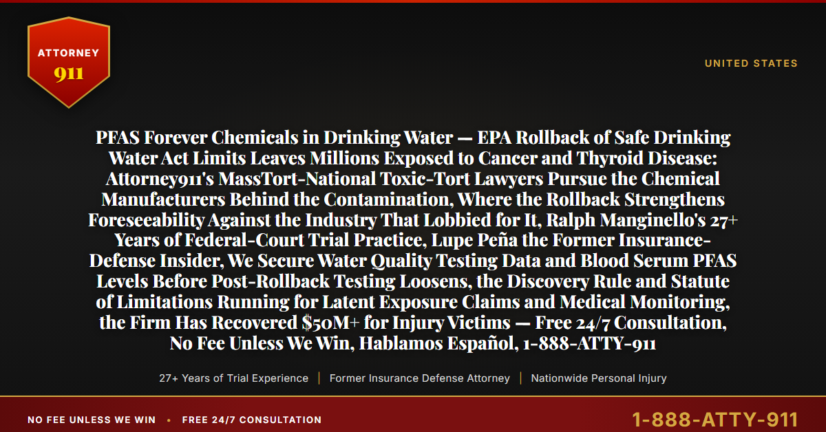 PFAS Forever Chemicals in Drinking Water — EPA Rollback of Safe Drinking Water Act Limits Leaves Millions Exposed to Cancer and Thyroid Disease: Attorney911's MassTort-National Toxic-Tort Lawyers Pursue the Chemical Manufacturers Behind the Contamination, Where the Rollback Strengthens Foreseeability Against the Industry That Lobbied for It, Ralph Manginello's 27+ Years of Federal-Court Trial Practice, Lupe Peña the Former Insurance-Defense Insider, We Secure Water Quality Testing Data and Blood Serum PFAS Levels Before Post-Rollback Testing Loosens, the Discovery Rule and Statute of Limitations Running for Latent Exposure Claims and Medical Monitoring, the Firm Has Recovered $50M+ for Injury Victims — Free 24/7 Consultation, No Fee Unless We Win, Hablamos Español, 1-888-ATTY-911 - Attorney911