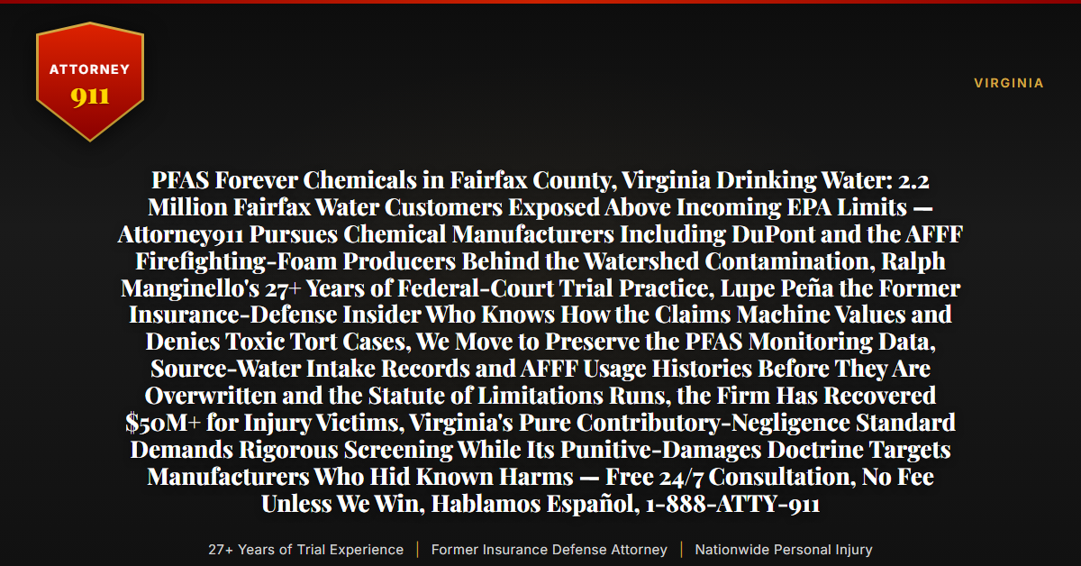 PFAS Forever Chemicals in Fairfax County, Virginia Drinking Water: 2.2 Million Fairfax Water Customers Exposed Above Incoming EPA Limits — Attorney911 Pursues Chemical Manufacturers Including DuPont and the AFFF Firefighting-Foam Producers Behind the Watershed Contamination, Ralph Manginello's 27+ Years of Federal-Court Trial Practice, Lupe Peña the Former Insurance-Defense Insider Who Knows How the Claims Machine Values and Denies Toxic Tort Cases, We Move to Preserve the PFAS Monitoring Data, Source-Water Intake Records and AFFF Usage Histories Before They Are Overwritten and the Statute of Limitations Runs, the Firm Has Recovered $50M+ for Injury Victims, Virginia's Pure Contributory-Negligence Standard Demands Rigorous Screening While Its Punitive-Damages Doctrine Targets Manufacturers Who Hid Known Harms — Free 24/7 Consultation, No Fee Unless We Win, Hablamos Español, 1-888-ATTY-911 - Attorney911
