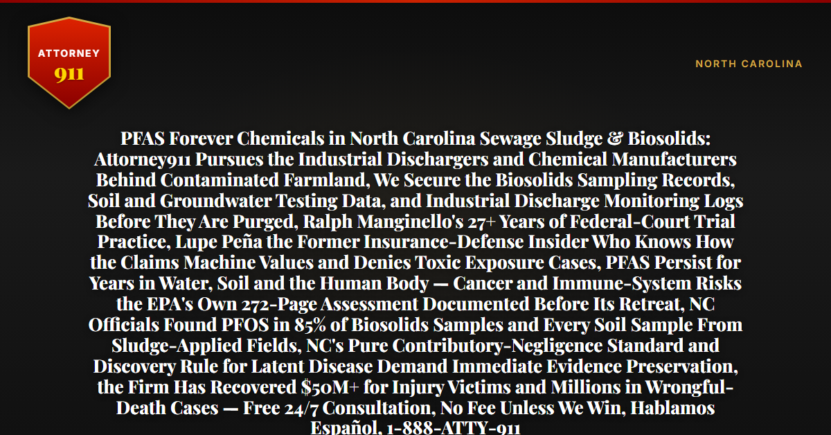 PFAS Forever Chemicals in North Carolina Sewage Sludge & Biosolids: Attorney911 Pursues the Industrial Dischargers and Chemical Manufacturers Behind Contaminated Farmland, We Secure the Biosolids Sampling Records, Soil and Groundwater Testing Data, and Industrial Discharge Monitoring Logs Before They Are Purged, Ralph Manginello's 27+ Years of Federal-Court Trial Practice, Lupe Peña the Former Insurance-Defense Insider Who Knows How the Claims Machine Values and Denies Toxic Exposure Cases, PFAS Persist for Years in Water, Soil and the Human Body — Cancer and Immune-System Risks the EPA's Own 272-Page Assessment Documented Before Its Retreat, NC Officials Found PFOS in 85% of Biosolids Samples and Every Soil Sample From Sludge-Applied Fields, NC's Pure Contributory-Negligence Standard and Discovery Rule for Latent Disease Demand Immediate Evidence Preservation, the Firm Has Recovered $50M+ for Injury Victims and Millions in Wrongful-Death Cases — Free 24/7 Consultation, No Fee Unless We Win, Hablamos Español, 1-888-ATTY-911 - Attorney911