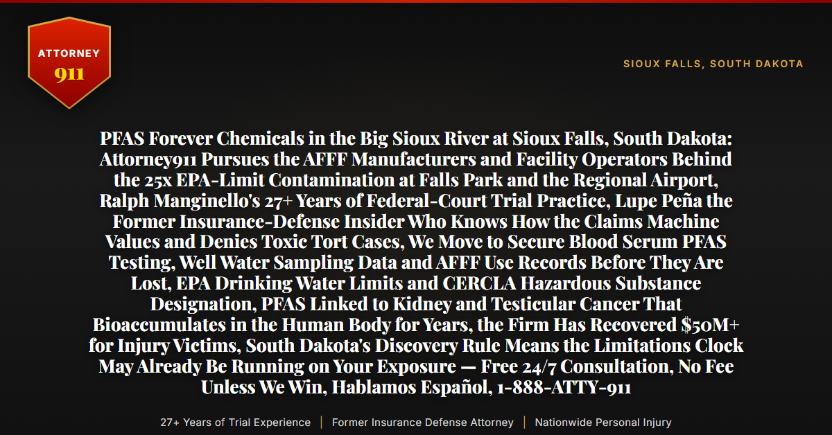 PFAS Forever Chemicals in the Big Sioux River at Sioux Falls, South Dakota: Attorney911 Pursues the AFFF Manufacturers and Facility Operators Behind the 25x EPA-Limit Contamination at Falls Park and the Regional Airport, Ralph Manginello's 27+ Years of Federal-Court Trial Practice, Lupe Peña the Former Insurance-Defense Insider Who Knows How the Claims Machine Values and Denies Toxic Tort Cases, We Move to Secure Blood Serum PFAS Testing, Well Water Sampling Data and AFFF Use Records Before They Are Lost, EPA Drinking Water Limits and CERCLA Hazardous Substance Designation, PFAS Linked to Kidney and Testicular Cancer That Bioaccumulates in the Human Body for Years, the Firm Has Recovered $50M+ for Injury Victims, South Dakota's Discovery Rule Means the Limitations Clock May Already Be Running on Your Exposure — Free 24/7 Consultation, No Fee Unless We Win, Hablamos Español, 1-888-ATTY-911 - Attorney911