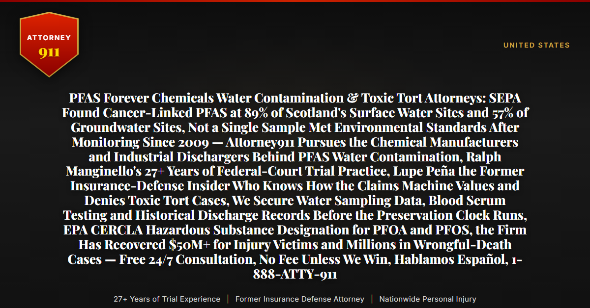 PFAS Forever Chemicals Water Contamination & Toxic Tort Attorneys: SEPA Found Cancer-Linked PFAS at 89% of Scotland's Surface Water Sites and 57% of Groundwater Sites, Not a Single Sample Met Environmental Standards After Monitoring Since 2009 — Attorney911 Pursues the Chemical Manufacturers and Industrial Dischargers Behind PFAS Water Contamination, Ralph Manginello's 27+ Years of Federal-Court Trial Practice, Lupe Peña the Former Insurance-Defense Insider Who Knows How the Claims Machine Values and Denies Toxic Tort Cases, We Secure Water Sampling Data, Blood Serum Testing and Historical Discharge Records Before the Preservation Clock Runs, EPA CERCLA Hazardous Substance Designation for PFOA and PFOS, the Firm Has Recovered $50M+ for Injury Victims and Millions in Wrongful-Death Cases — Free 24/7 Consultation, No Fee Unless We Win, Hablamos Español, 1-888-ATTY-911 - Attorney911