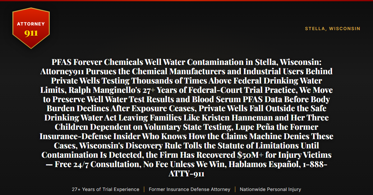 PFAS Forever Chemicals Well Water Contamination in Stella, Wisconsin: Attorney911 Pursues the Chemical Manufacturers and Industrial Users Behind Private Wells Testing Thousands of Times Above Federal Drinking Water Limits, Ralph Manginello's 27+ Years of Federal-Court Trial Practice, We Move to Preserve Well Water Test Results and Blood Serum PFAS Data Before Body Burden Declines After Exposure Ceases, Private Wells Fall Outside the Safe Drinking Water Act Leaving Families Like Kristen Hanneman and Her Three Children Dependent on Voluntary State Testing, Lupe Peña the Former Insurance-Defense Insider Who Knows How the Claims Machine Denies These Cases, Wisconsin's Discovery Rule Tolls the Statute of Limitations Until Contamination Is Detected, the Firm Has Recovered $50M+ for Injury Victims — Free 24/7 Consultation, No Fee Unless We Win, Hablamos Español, 1-888-ATTY-911 - Attorney911