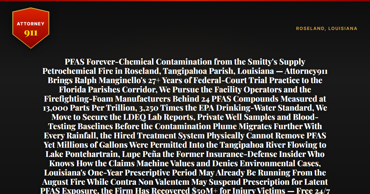 PFAS Forever-Chemical Contamination from the Smitty's Supply Petrochemical Fire in Roseland, Tangipahoa Parish, Louisiana — Attorney911 Brings Ralph Manginello's 27+ Years of Federal-Court Trial Practice to the Florida Parishes Corridor, We Pursue the Facility Operators and the Firefighting-Foam Manufacturers Behind 24 PFAS Compounds Measured at 13,000 Parts Per Trillion, 3,250 Times the EPA Drinking-Water Standard, We Move to Secure the LDEQ Lab Reports, Private Well Samples and Blood-Testing Baselines Before the Contamination Plume Migrates Further With Every Rainfall, the Hired Treatment System Physically Cannot Remove PFAS Yet Millions of Gallons Were Permitted Into the Tangipahoa River Flowing to Lake Pontchartrain, Lupe Peña the Former Insurance-Defense Insider Who Knows How the Claims Machine Values and Denies Environmental Cases, Louisiana's One-Year Prescriptive Period May Already Be Running From the August Fire While Contra Non Valentem May Suspend Prescription for Latent PFAS Exposure, the Firm Has Recovered $50M+ for Injury Victims — Free 24/7 Consultation, No Fee Unless We Win, Hablamos Español, 1-888-ATTY-911 - Attorney911