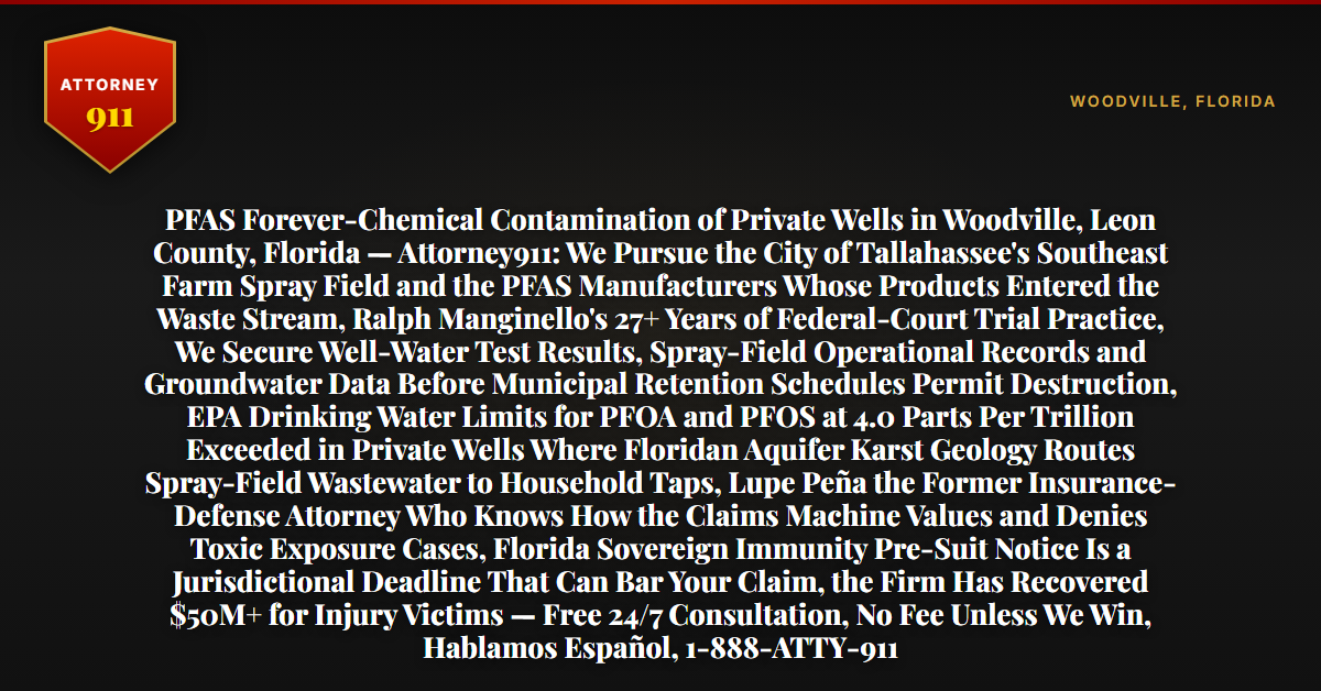 PFAS Forever-Chemical Contamination of Private Wells in Woodville, Leon County, Florida — Attorney911: We Pursue the City of Tallahassee's Southeast Farm Spray Field and the PFAS Manufacturers Whose Products Entered the Waste Stream, Ralph Manginello's 27+ Years of Federal-Court Trial Practice, We Secure Well-Water Test Results, Spray-Field Operational Records and Groundwater Data Before Municipal Retention Schedules Permit Destruction, EPA Drinking Water Limits for PFOA and PFOS at 4.0 Parts Per Trillion Exceeded in Private Wells Where Floridan Aquifer Karst Geology Routes Spray-Field Wastewater to Household Taps, Lupe Peña the Former Insurance-Defense Attorney Who Knows How the Claims Machine Values and Denies Toxic Exposure Cases, Florida Sovereign Immunity Pre-Suit Notice Is a Jurisdictional Deadline That Can Bar Your Claim, the Firm Has Recovered $50M+ for Injury Victims — Free 24/7 Consultation, No Fee Unless We Win, Hablamos Español, 1-888-ATTY-911 - Attorney911