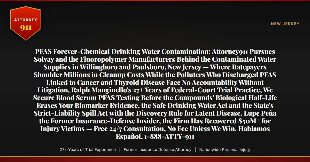 PFAS Forever-Chemical Drinking Water Contamination: Attorney911 Pursues Solvay and the Fluoropolymer Manufacturers Behind the Contaminated Water Supplies in Willingboro and Paulsboro, New Jersey — Where Ratepayers Shoulder Millions in Cleanup Costs While the Polluters Who Discharged PFAS Linked to Cancer and Thyroid Disease Face No Accountability Without Litigation, Ralph Manginello's 27+ Years of Federal-Court Trial Practice, We Secure Blood Serum PFAS Testing Before the Compounds' Biological Half-Life Erases Your Biomarker Evidence, the Safe Drinking Water Act and the State's Strict-Liability Spill Act with the Discovery Rule for Latent Disease, Lupe Peña the Former Insurance-Defense Insider, the Firm Has Recovered $50M+ for Injury Victims — Free 24/7 Consultation, No Fee Unless We Win, Hablamos Español, 1-888-ATTY-911 - Attorney911