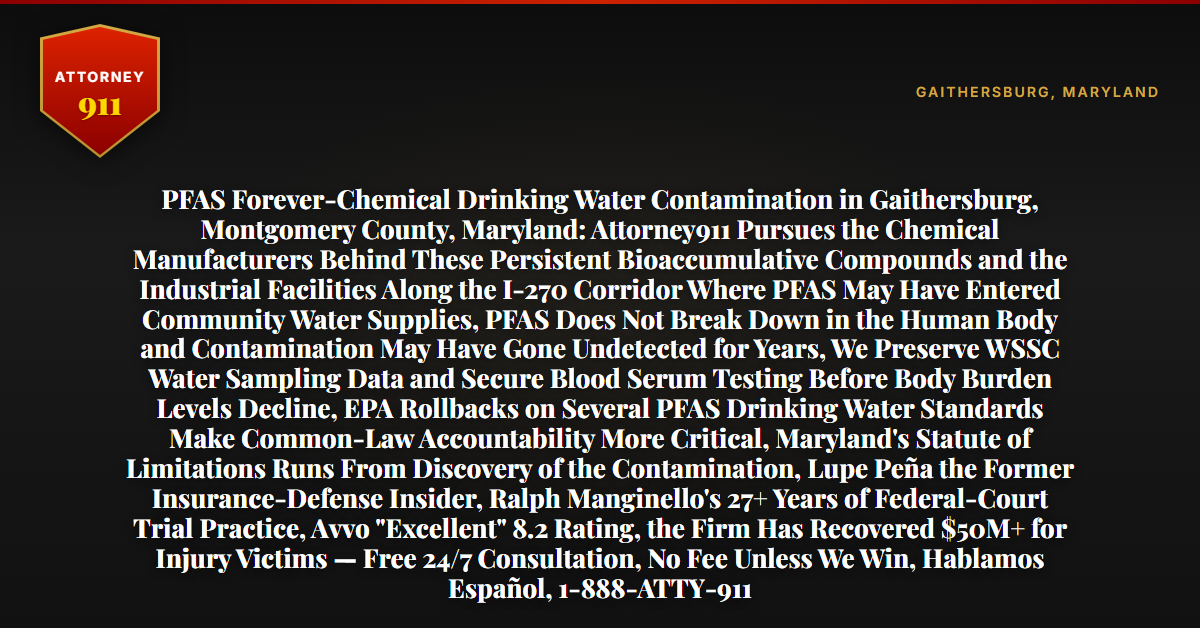 PFAS Forever-Chemical Drinking Water Contamination in Gaithersburg, Montgomery County, Maryland: Attorney911 Pursues the Chemical Manufacturers Behind These Persistent Bioaccumulative Compounds and the Industrial Facilities Along the I-270 Corridor Where PFAS May Have Entered Community Water Supplies, PFAS Does Not Break Down in the Human Body and Contamination May Have Gone Undetected for Years, We Preserve WSSC Water Sampling Data and Secure Blood Serum Testing Before Body Burden Levels Decline, EPA Rollbacks on Several PFAS Drinking Water Standards Make Common-Law Accountability More Critical, Maryland's Statute of Limitations Runs From Discovery of the Contamination, Lupe Peña the Former Insurance-Defense Insider, Ralph Manginello's 27+ Years of Federal-Court Trial Practice, Avvo 