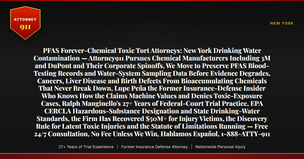 PFAS Forever-Chemical Toxic Tort Attorneys: New York Drinking Water Contamination — Attorney911 Pursues Chemical Manufacturers Including 3M and DuPont and Their Corporate Spinoffs, We Move to Preserve PFAS Blood-Testing Records and Water-System Sampling Data Before Evidence Degrades, Cancers, Liver Disease and Birth Defects From Bioaccumulating Chemicals That Never Break Down, Lupe Peña the Former Insurance-Defense Insider Who Knows How the Claims Machine Values and Denies Toxic-Exposure Cases, Ralph Manginello's 27+ Years of Federal-Court Trial Practice, EPA CERCLA Hazardous-Substance Designation and State Drinking-Water Standards, the Firm Has Recovered $50M+ for Injury Victims, the Discovery Rule for Latent Toxic Injuries and the Statute of Limitations Running — Free 24/7 Consultation, No Fee Unless We Win, Hablamos Español, 1-888-ATTY-911 - Attorney911