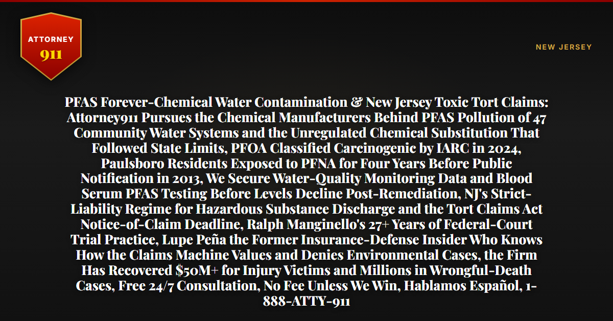 PFAS Forever-Chemical Water Contamination & New Jersey Toxic Tort Claims: Attorney911 Pursues the Chemical Manufacturers Behind PFAS Pollution of 47 Community Water Systems and the Unregulated Chemical Substitution That Followed State Limits, PFOA Classified Carcinogenic by IARC in 2024, Paulsboro Residents Exposed to PFNA for Four Years Before Public Notification in 2013, We Secure Water-Quality Monitoring Data and Blood Serum PFAS Testing Before Levels Decline Post-Remediation, NJ's Strict-Liability Regime for Hazardous Substance Discharge and the Tort Claims Act Notice-of-Claim Deadline, Ralph Manginello's 27+ Years of Federal-Court Trial Practice, Lupe Peña the Former Insurance-Defense Insider Who Knows How the Claims Machine Values and Denies Environmental Cases, the Firm Has Recovered $50M+ for Injury Victims and Millions in Wrongful-Death Cases, Free 24/7 Consultation, No Fee Unless We Win, Hablamos Español, 1-888-ATTY-911 - Attorney911