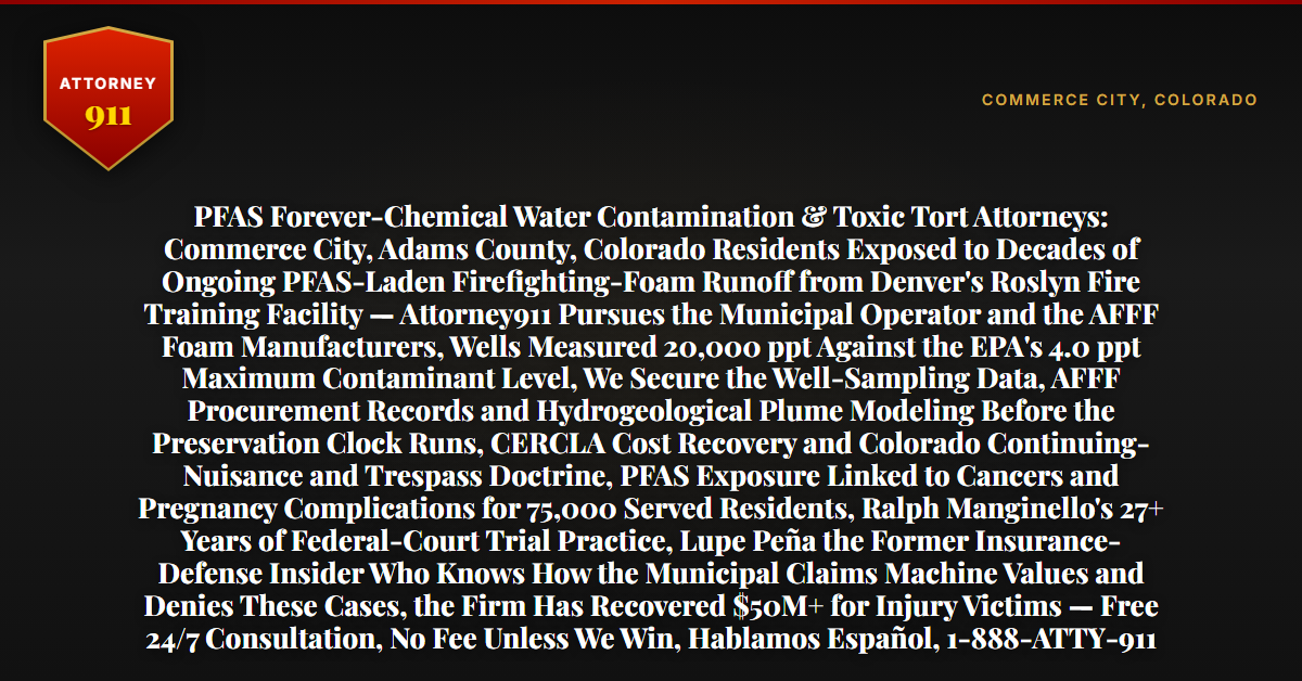 PFAS Forever-Chemical Water Contamination & Toxic Tort Attorneys: Commerce City, Adams County, Colorado Residents Exposed to Decades of Ongoing PFAS-Laden Firefighting-Foam Runoff from Denver's Roslyn Fire Training Facility — Attorney911 Pursues the Municipal Operator and the AFFF Foam Manufacturers, Wells Measured 20,000 ppt Against the EPA's 4.0 ppt Maximum Contaminant Level, We Secure the Well-Sampling Data, AFFF Procurement Records and Hydrogeological Plume Modeling Before the Preservation Clock Runs, CERCLA Cost Recovery and Colorado Continuing-Nuisance and Trespass Doctrine, PFAS Exposure Linked to Cancers and Pregnancy Complications for 75,000 Served Residents, Ralph Manginello's 27+ Years of Federal-Court Trial Practice, Lupe Peña the Former Insurance-Defense Insider Who Knows How the Municipal Claims Machine Values and Denies These Cases, the Firm Has Recovered $50M+ for Injury Victims — Free 24/7 Consultation, No Fee Unless We Win, Hablamos Español, 1-888-ATTY-911 - Attorney911