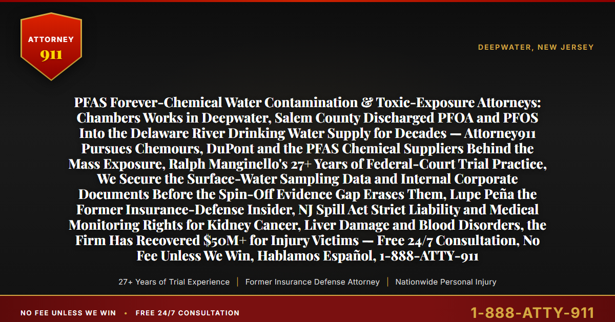 PFAS Forever-Chemical Water Contamination & Toxic-Exposure Attorneys: Chambers Works in Deepwater, Salem County Discharged PFOA and PFOS Into the Delaware River Drinking Water Supply for Decades — Attorney911 Pursues Chemours, DuPont and the PFAS Chemical Suppliers Behind the Mass Exposure, Ralph Manginello's 27+ Years of Federal-Court Trial Practice, We Secure the Surface-Water Sampling Data and Internal Corporate Documents Before the Spin-Off Evidence Gap Erases Them, Lupe Peña the Former Insurance-Defense Insider, NJ Spill Act Strict Liability and Medical Monitoring Rights for Kidney Cancer, Liver Damage and Blood Disorders, the Firm Has Recovered $50M+ for Injury Victims — Free 24/7 Consultation, No Fee Unless We Win, Hablamos Español, 1-888-ATTY-911 - Attorney911