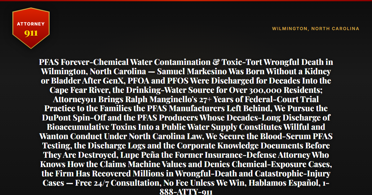 PFAS Forever-Chemical Water Contamination & Toxic-Tort Wrongful Death in Wilmington, North Carolina — Samuel Markesino Was Born Without a Kidney or Bladder After GenX, PFOA and PFOS Were Discharged for Decades Into the Cape Fear River, the Drinking-Water Source for Over 300,000 Residents; Attorney911 Brings Ralph Manginello's 27+ Years of Federal-Court Trial Practice to the Families the PFAS Manufacturers Left Behind, We Pursue the DuPont Spin-Off and the PFAS Producers Whose Decades-Long Discharge of Bioaccumulative Toxins Into a Public Water Supply Constitutes Willful and Wanton Conduct Under North Carolina Law, We Secure the Blood-Serum PFAS Testing, the Discharge Logs and the Corporate Knowledge Documents Before They Are Destroyed, Lupe Peña the Former Insurance-Defense Attorney Who Knows How the Claims Machine Values and Denies Chemical-Exposure Cases, the Firm Has Recovered Millions in Wrongful-Death and Catastrophic-Injury Cases — Free 24/7 Consultation, No Fee Unless We Win, Hablamos Español, 1-888-ATTY-911 - Attorney911