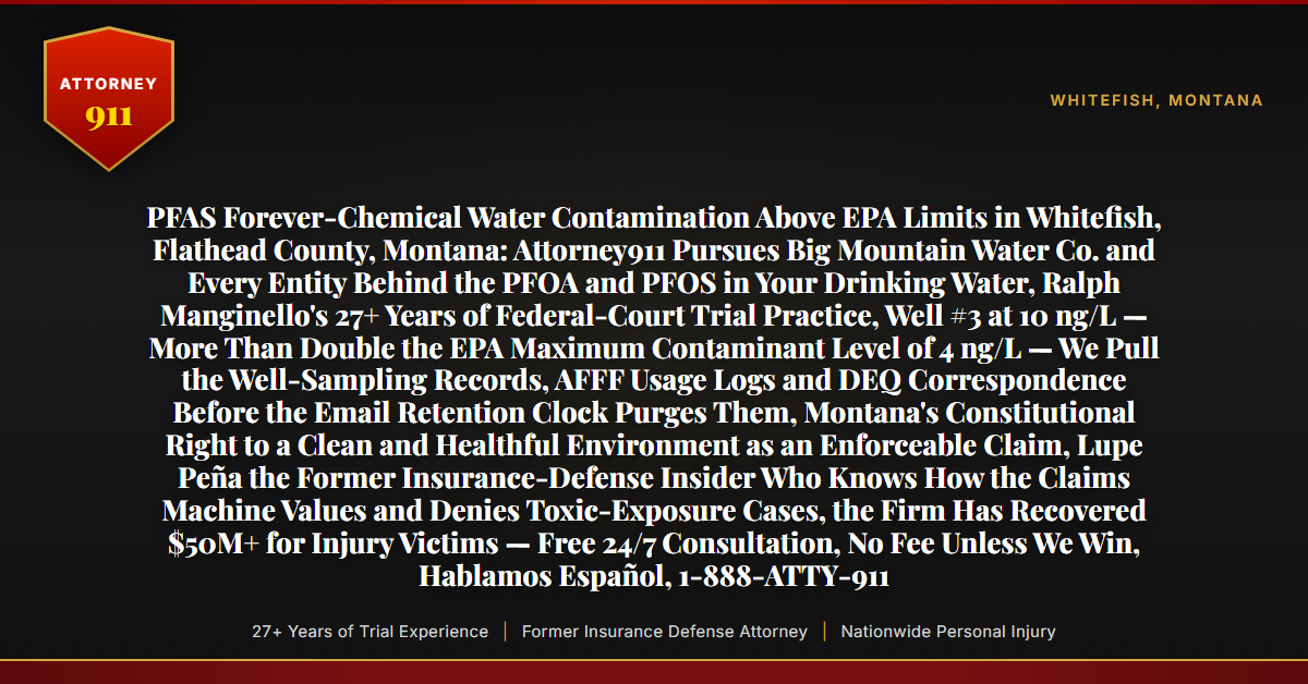PFAS Forever-Chemical Water Contamination Above EPA Limits in Whitefish, Flathead County, Montana: Attorney911 Pursues Big Mountain Water Co. and Every Entity Behind the PFOA and PFOS in Your Drinking Water, Ralph Manginello's 27+ Years of Federal-Court Trial Practice, Well #3 at 10 ng/L — More Than Double the EPA Maximum Contaminant Level of 4 ng/L — We Pull the Well-Sampling Records, AFFF Usage Logs and DEQ Correspondence Before the Email Retention Clock Purges Them, Montana's Constitutional Right to a Clean and Healthful Environment as an Enforceable Claim, Lupe Peña the Former Insurance-Defense Insider Who Knows How the Claims Machine Values and Denies Toxic-Exposure Cases, the Firm Has Recovered $50M+ for Injury Victims — Free 24/7 Consultation, No Fee Unless We Win, Hablamos Español, 1-888-ATTY-911 - Attorney911