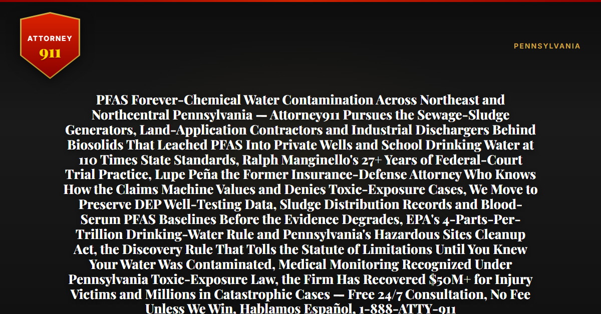 PFAS Forever-Chemical Water Contamination Across Northeast and Northcentral Pennsylvania — Attorney911 Pursues the Sewage-Sludge Generators, Land-Application Contractors and Industrial Dischargers Behind Biosolids That Leached PFAS Into Private Wells and School Drinking Water at 110 Times State Standards, Ralph Manginello's 27+ Years of Federal-Court Trial Practice, Lupe Peña the Former Insurance-Defense Attorney Who Knows How the Claims Machine Values and Denies Toxic-Exposure Cases, We Move to Preserve DEP Well-Testing Data, Sludge Distribution Records and Blood-Serum PFAS Baselines Before the Evidence Degrades, EPA's 4-Parts-Per-Trillion Drinking-Water Rule and Pennsylvania's Hazardous Sites Cleanup Act, the Discovery Rule That Tolls the Statute of Limitations Until You Knew Your Water Was Contaminated, Medical Monitoring Recognized Under Pennsylvania Toxic-Exposure Law, the Firm Has Recovered $50M+ for Injury Victims and Millions in Catastrophic Cases — Free 24/7 Consultation, No Fee Unless We Win, Hablamos Español, 1-888-ATTY-911 - Attorney911