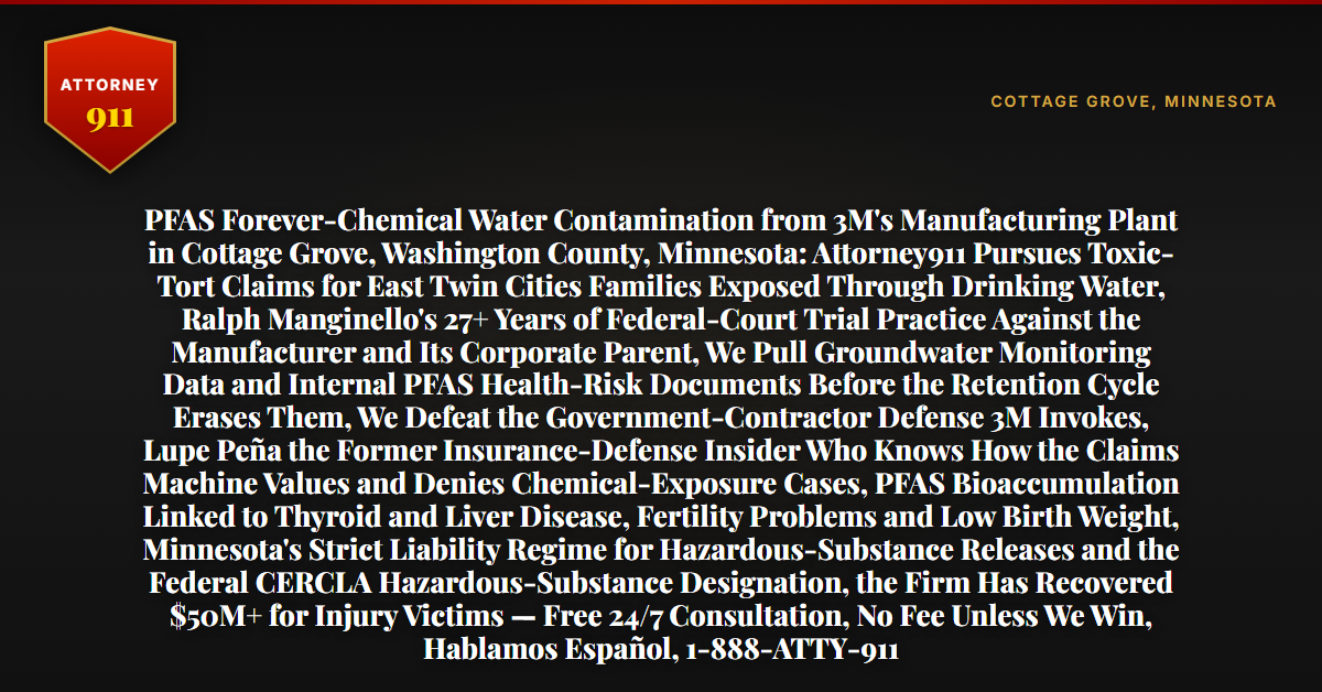 PFAS Forever-Chemical Water Contamination from 3M's Manufacturing Plant in Cottage Grove, Washington County, Minnesota: Attorney911 Pursues Toxic-Tort Claims for East Twin Cities Families Exposed Through Drinking Water, Ralph Manginello's 27+ Years of Federal-Court Trial Practice Against the Manufacturer and Its Corporate Parent, We Pull Groundwater Monitoring Data and Internal PFAS Health-Risk Documents Before the Retention Cycle Erases Them, We Defeat the Government-Contractor Defense 3M Invokes, Lupe Peña the Former Insurance-Defense Insider Who Knows How the Claims Machine Values and Denies Chemical-Exposure Cases, PFAS Bioaccumulation Linked to Thyroid and Liver Disease, Fertility Problems and Low Birth Weight, Minnesota's Strict Liability Regime for Hazardous-Substance Releases and the Federal CERCLA Hazardous-Substance Designation, the Firm Has Recovered $50M+ for Injury Victims — Free 24/7 Consultation, No Fee Unless We Win, Hablamos Español, 1-888-ATTY-911 - Attorney911