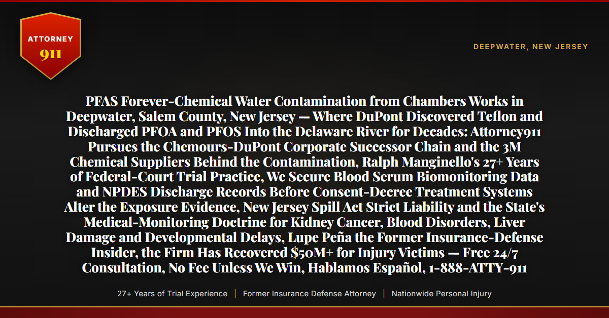 PFAS Forever-Chemical Water Contamination from Chambers Works in Deepwater, Salem County, New Jersey — Where DuPont Discovered Teflon and Discharged PFOA and PFOS Into the Delaware River for Decades: Attorney911 Pursues the Chemours-DuPont Corporate Successor Chain and the 3M Chemical Suppliers Behind the Contamination, Ralph Manginello's 27+ Years of Federal-Court Trial Practice, We Secure Blood Serum Biomonitoring Data and NPDES Discharge Records Before Consent-Decree Treatment Systems Alter the Exposure Evidence, New Jersey Spill Act Strict Liability and the State's Medical-Monitoring Doctrine for Kidney Cancer, Blood Disorders, Liver Damage and Developmental Delays, Lupe Peña the Former Insurance-Defense Insider, the Firm Has Recovered $50M+ for Injury Victims — Free 24/7 Consultation, No Fee Unless We Win, Hablamos Español, 1-888-ATTY-911 - Attorney911