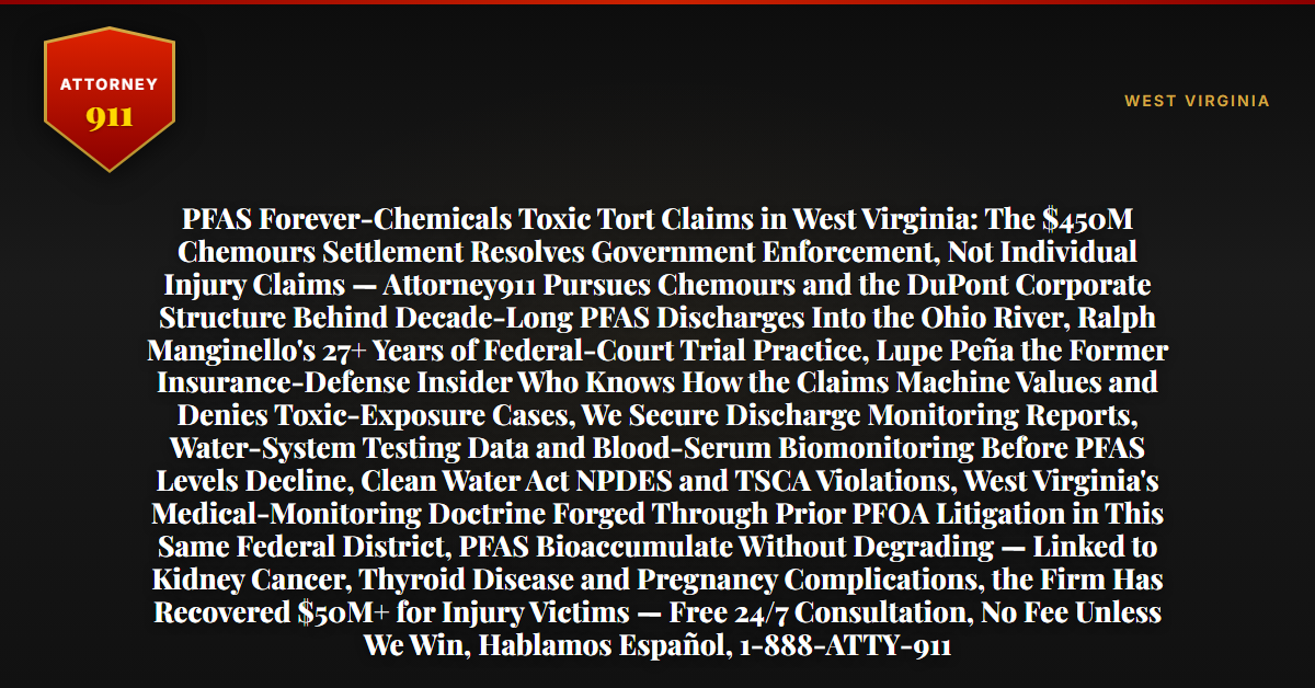PFAS Forever-Chemicals Toxic Tort Claims in West Virginia: The $450M Chemours Settlement Resolves Government Enforcement, Not Individual Injury Claims — Attorney911 Pursues Chemours and the DuPont Corporate Structure Behind Decade-Long PFAS Discharges Into the Ohio River, Ralph Manginello's 27+ Years of Federal-Court Trial Practice, Lupe Peña the Former Insurance-Defense Insider Who Knows How the Claims Machine Values and Denies Toxic-Exposure Cases, We Secure Discharge Monitoring Reports, Water-System Testing Data and Blood-Serum Biomonitoring Before PFAS Levels Decline, Clean Water Act NPDES and TSCA Violations, West Virginia's Medical-Monitoring Doctrine Forged Through Prior PFOA Litigation in This Same Federal District, PFAS Bioaccumulate Without Degrading — Linked to Kidney Cancer, Thyroid Disease and Pregnancy Complications, the Firm Has Recovered $50M+ for Injury Victims — Free 24/7 Consultation, No Fee Unless We Win, Hablamos Español, 1-888-ATTY-911 - Attorney911