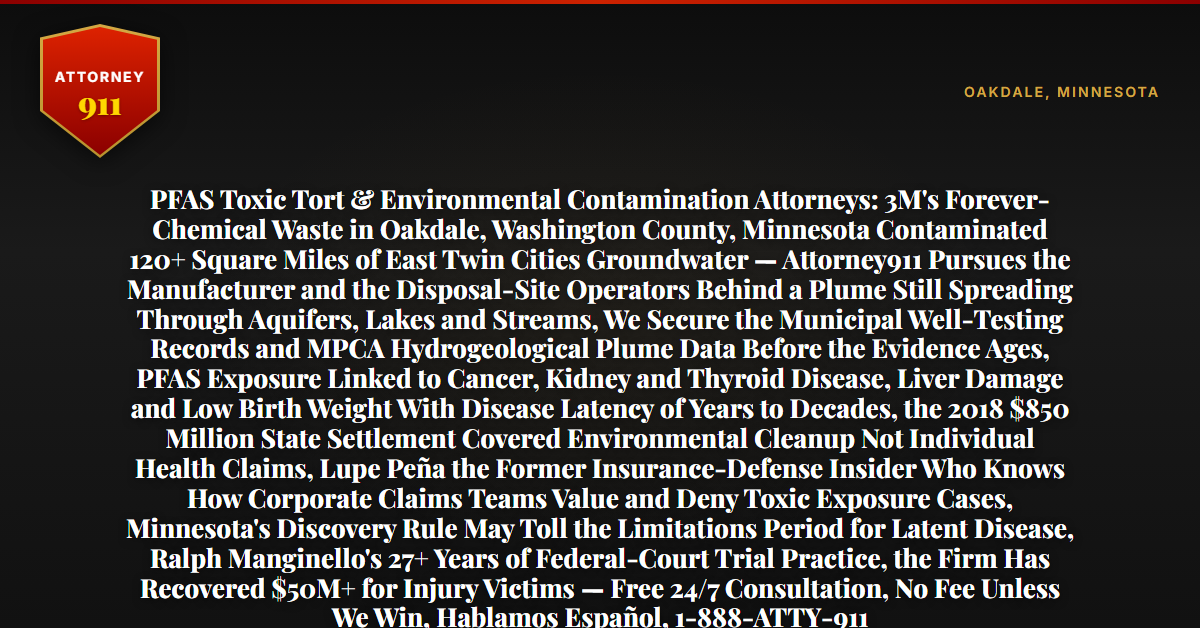 PFAS Toxic Tort & Environmental Contamination Attorneys: 3M's Forever-Chemical Waste in Oakdale, Washington County, Minnesota Contaminated 120+ Square Miles of East Twin Cities Groundwater — Attorney911 Pursues the Manufacturer and the Disposal-Site Operators Behind a Plume Still Spreading Through Aquifers, Lakes and Streams, We Secure the Municipal Well-Testing Records and MPCA Hydrogeological Plume Data Before the Evidence Ages, PFAS Exposure Linked to Cancer, Kidney and Thyroid Disease, Liver Damage and Low Birth Weight With Disease Latency of Years to Decades, the 2018 $850 Million State Settlement Covered Environmental Cleanup Not Individual Health Claims, Lupe Peña the Former Insurance-Defense Insider Who Knows How Corporate Claims Teams Value and Deny Toxic Exposure Cases, Minnesota's Discovery Rule May Toll the Limitations Period for Latent Disease, Ralph Manginello's 27+ Years of Federal-Court Trial Practice, the Firm Has Recovered $50M+ for Injury Victims — Free 24/7 Consultation, No Fee Unless We Win, Hablamos Español, 1-888-ATTY-911 - Attorney911