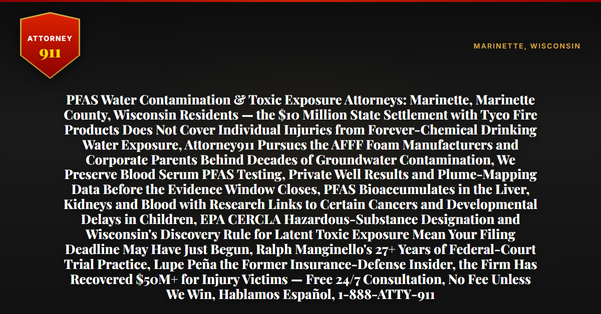 PFAS Water Contamination & Toxic Exposure Attorneys: Marinette, Marinette County, Wisconsin Residents — the $10 Million State Settlement with Tyco Fire Products Does Not Cover Individual Injuries from Forever-Chemical Drinking Water Exposure, Attorney911 Pursues the AFFF Foam Manufacturers and Corporate Parents Behind Decades of Groundwater Contamination, We Preserve Blood Serum PFAS Testing, Private Well Results and Plume-Mapping Data Before the Evidence Window Closes, PFAS Bioaccumulates in the Liver, Kidneys and Blood with Research Links to Certain Cancers and Developmental Delays in Children, EPA CERCLA Hazardous-Substance Designation and Wisconsin's Discovery Rule for Latent Toxic Exposure Mean Your Filing Deadline May Have Just Begun, Ralph Manginello's 27+ Years of Federal-Court Trial Practice, Lupe Peña the Former Insurance-Defense Insider, the Firm Has Recovered $50M+ for Injury Victims — Free 24/7 Consultation, No Fee Unless We Win, Hablamos Español, 1-888-ATTY-911 - Attorney911