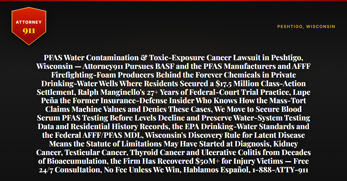 PFAS Water Contamination & Toxic-Exposure Cancer Lawsuit in Peshtigo, Wisconsin — Attorney911 Pursues BASF and the PFAS Manufacturers and AFFF Firefighting-Foam Producers Behind the Forever Chemicals in Private Drinking-Water Wells Where Residents Secured a $17.5 Million Class-Action Settlement, Ralph Manginello's 27+ Years of Federal-Court Trial Practice, Lupe Peña the Former Insurance-Defense Insider Who Knows How the Mass-Tort Claims Machine Values and Denies These Cases, We Move to Secure Blood Serum PFAS Testing Before Levels Decline and Preserve Water-System Testing Data and Residential History Records, the EPA Drinking-Water Standards and the Federal AFFF/PFAS MDL, Wisconsin's Discovery Rule for Latent Disease Means the Statute of Limitations May Have Started at Diagnosis, Kidney Cancer, Testicular Cancer, Thyroid Cancer and Ulcerative Colitis from Decades of Bioaccumulation, the Firm Has Recovered $50M+ for Injury Victims — Free 24/7 Consultation, No Fee Unless We Win, Hablamos Español, 1-888-ATTY-911 - Attorney911