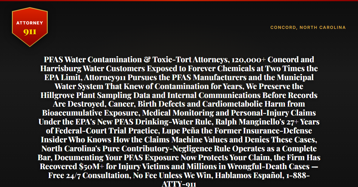 PFAS Water Contamination & Toxic-Tort Attorneys, 120,000+ Concord and Harrisburg Water Customers Exposed to Forever Chemicals at Two Times the EPA Limit, Attorney911 Pursues the PFAS Manufacturers and the Municipal Water System That Knew of Contamination for Years, We Preserve the Hillgrove Plant Sampling Data and Internal Communications Before Records Are Destroyed, Cancer, Birth Defects and Cardiometabolic Harm from Bioaccumulative Exposure, Medical Monitoring and Personal-Injury Claims Under the EPA's New PFAS Drinking-Water Rule, Ralph Manginello's 27+ Years of Federal-Court Trial Practice, Lupe Peña the Former Insurance-Defense Insider Who Knows How the Claims Machine Values and Denies These Cases, North Carolina's Pure Contributory-Negligence Rule Operates as a Complete Bar, Documenting Your PFAS Exposure Now Protects Your Claim, the Firm Has Recovered $50M+ for Injury Victims and Millions in Wrongful-Death Cases — Free 24/7 Consultation, No Fee Unless We Win, Hablamos Español, 1-888-ATTY-911 - Attorney911