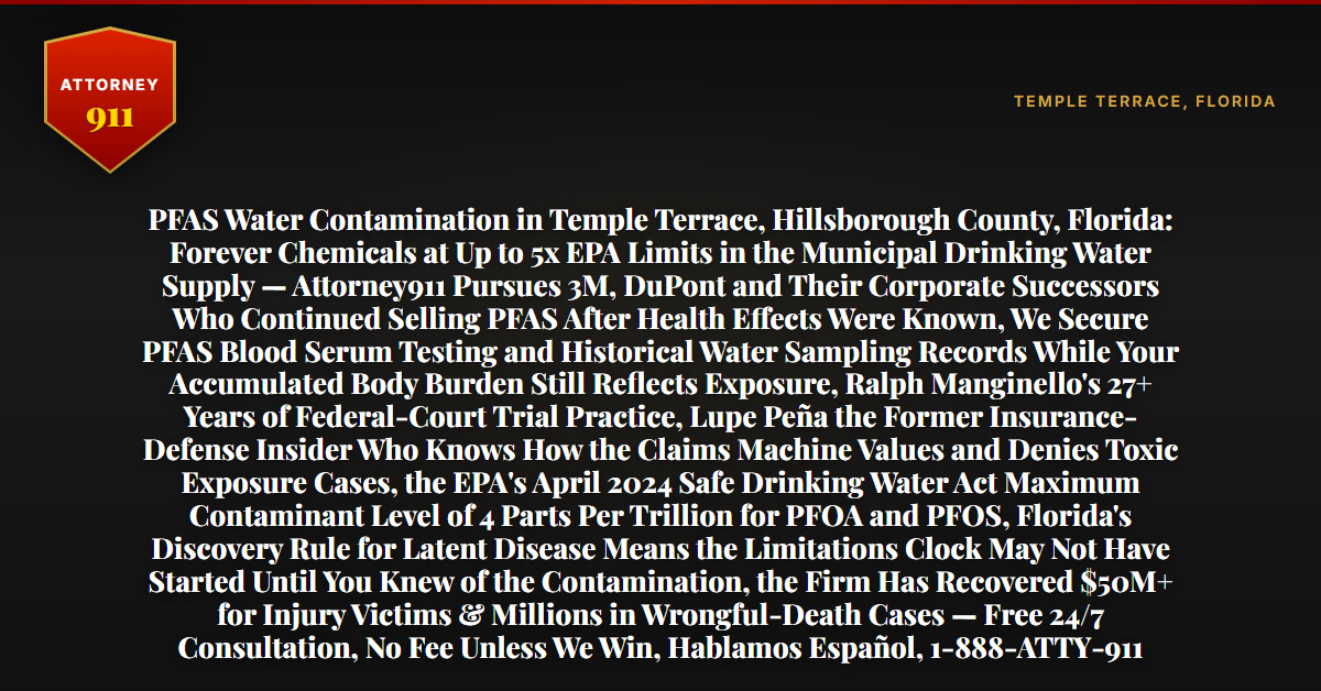 PFAS Water Contamination in Temple Terrace, Hillsborough County, Florida: Forever Chemicals at Up to 5x EPA Limits in the Municipal Drinking Water Supply — Attorney911 Pursues 3M, DuPont and Their Corporate Successors Who Continued Selling PFAS After Health Effects Were Known, We Secure PFAS Blood Serum Testing and Historical Water Sampling Records While Your Accumulated Body Burden Still Reflects Exposure, Ralph Manginello's 27+ Years of Federal-Court Trial Practice, Lupe Peña the Former Insurance-Defense Insider Who Knows How the Claims Machine Values and Denies Toxic Exposure Cases, the EPA's April 2024 Safe Drinking Water Act Maximum Contaminant Level of 4 Parts Per Trillion for PFOA and PFOS, Florida's Discovery Rule for Latent Disease Means the Limitations Clock May Not Have Started Until You Knew of the Contamination, the Firm Has Recovered $50M+ for Injury Victims & Millions in Wrongful-Death Cases — Free 24/7 Consultation, No Fee Unless We Win, Hablamos Español, 1-888-ATTY-911 - Attorney911