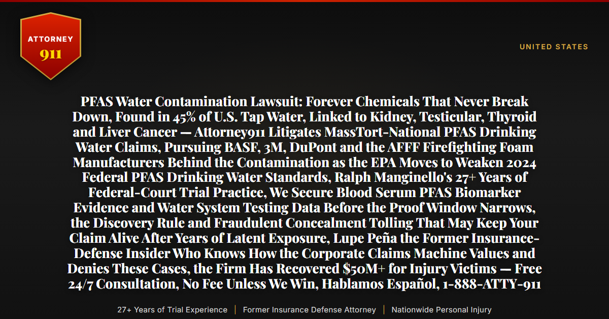 PFAS Water Contamination Lawsuit: Forever Chemicals That Never Break Down, Found in 45% of U.S. Tap Water, Linked to Kidney, Testicular, Thyroid and Liver Cancer — Attorney911 Litigates MassTort-National PFAS Drinking Water Claims, Pursuing BASF, 3M, DuPont and the AFFF Firefighting Foam Manufacturers Behind the Contamination as the EPA Moves to Weaken 2024 Federal PFAS Drinking Water Standards, Ralph Manginello's 27+ Years of Federal-Court Trial Practice, We Secure Blood Serum PFAS Biomarker Evidence and Water System Testing Data Before the Proof Window Narrows, the Discovery Rule and Fraudulent Concealment Tolling That May Keep Your Claim Alive After Years of Latent Exposure, Lupe Peña the Former Insurance-Defense Insider Who Knows How the Corporate Claims Machine Values and Denies These Cases, the Firm Has Recovered $50M+ for Injury Victims — Free 24/7 Consultation, No Fee Unless We Win, Hablamos Español, 1-888-ATTY-911 - Attorney911