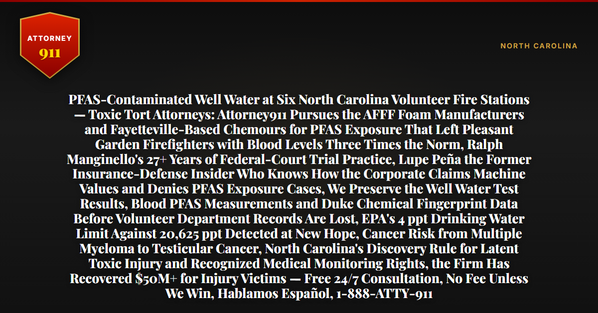 PFAS-Contaminated Well Water at Six North Carolina Volunteer Fire Stations — Toxic Tort Attorneys: Attorney911 Pursues the AFFF Foam Manufacturers and Fayetteville-Based Chemours for PFAS Exposure That Left Pleasant Garden Firefighters with Blood Levels Three Times the Norm, Ralph Manginello's 27+ Years of Federal-Court Trial Practice, Lupe Peña the Former Insurance-Defense Insider Who Knows How the Corporate Claims Machine Values and Denies PFAS Exposure Cases, We Preserve the Well Water Test Results, Blood PFAS Measurements and Duke Chemical Fingerprint Data Before Volunteer Department Records Are Lost, EPA's 4 ppt Drinking Water Limit Against 20,625 ppt Detected at New Hope, Cancer Risk from Multiple Myeloma to Testicular Cancer, North Carolina's Discovery Rule for Latent Toxic Injury and Recognized Medical Monitoring Rights, the Firm Has Recovered $50M+ for Injury Victims — Free 24/7 Consultation, No Fee Unless We Win, Hablamos Español, 1-888-ATTY-911 - Attorney911