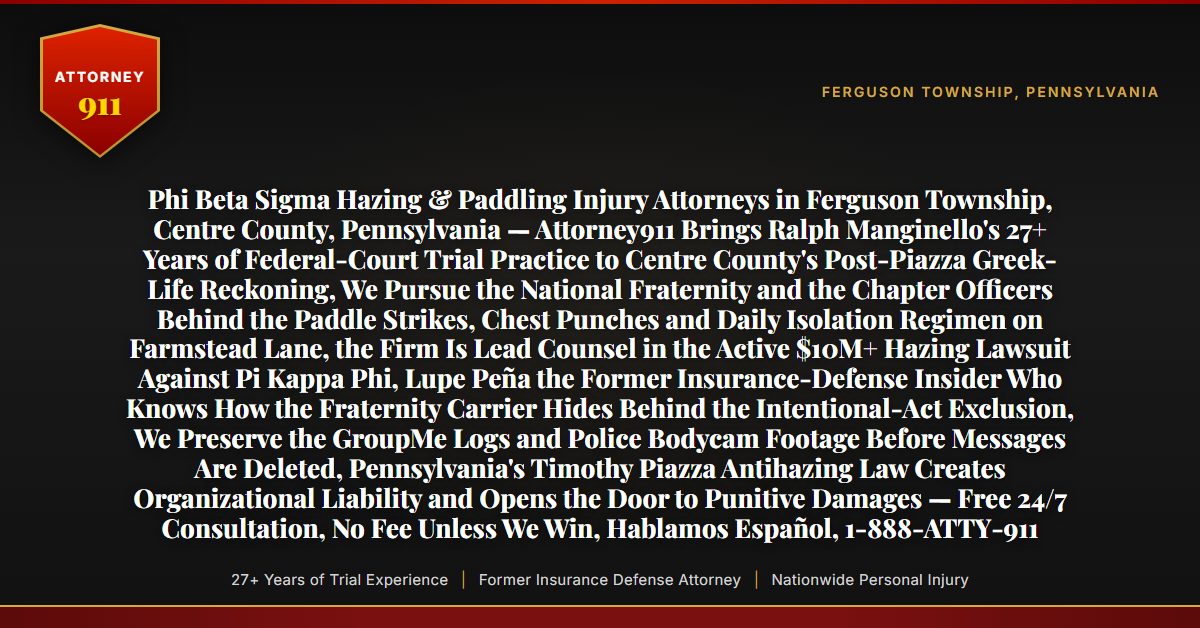 Phi Beta Sigma Hazing & Paddling Injury Attorneys in Ferguson Township, Centre County, Pennsylvania — Attorney911 Brings Ralph Manginello's 27+ Years of Federal-Court Trial Practice to Centre County's Post-Piazza Greek-Life Reckoning, We Pursue the National Fraternity and the Chapter Officers Behind the Paddle Strikes, Chest Punches and Daily Isolation Regimen on Farmstead Lane, the Firm Is Lead Counsel in the Active $10M+ Hazing Lawsuit Against Pi Kappa Phi, Lupe Peña the Former Insurance-Defense Insider Who Knows How the Fraternity Carrier Hides Behind the Intentional-Act Exclusion, We Preserve the GroupMe Logs and Police Bodycam Footage Before Messages Are Deleted, Pennsylvania's Timothy Piazza Antihazing Law Creates Organizational Liability and Opens the Door to Punitive Damages — Free 24/7 Consultation, No Fee Unless We Win, Hablamos Español, 1-888-ATTY-911 - Attorney911
