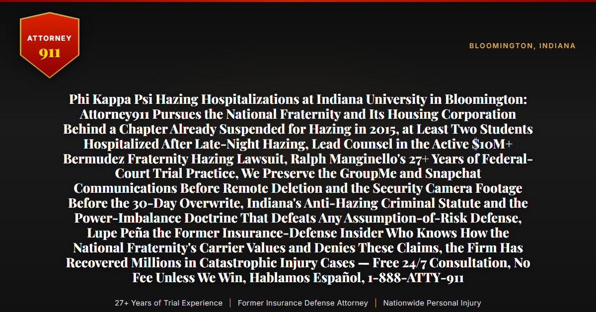 Phi Kappa Psi Hazing Hospitalizations at Indiana University in Bloomington: Attorney911 Pursues the National Fraternity and Its Housing Corporation Behind a Chapter Already Suspended for Hazing in 2015, at Least Two Students Hospitalized After Late-Night Hazing, Lead Counsel in the Active $10M+ Bermudez Fraternity Hazing Lawsuit, Ralph Manginello's 27+ Years of Federal-Court Trial Practice, We Preserve the GroupMe and Snapchat Communications Before Remote Deletion and the Security Camera Footage Before the 30-Day Overwrite, Indiana's Anti-Hazing Criminal Statute and the Power-Imbalance Doctrine That Defeats Any Assumption-of-Risk Defense, Lupe Peña the Former Insurance-Defense Insider Who Knows How the National Fraternity's Carrier Values and Denies These Claims, the Firm Has Recovered Millions in Catastrophic Injury Cases — Free 24/7 Consultation, No Fee Unless We Win, Hablamos Español, 1-888-ATTY-911 - Attorney911