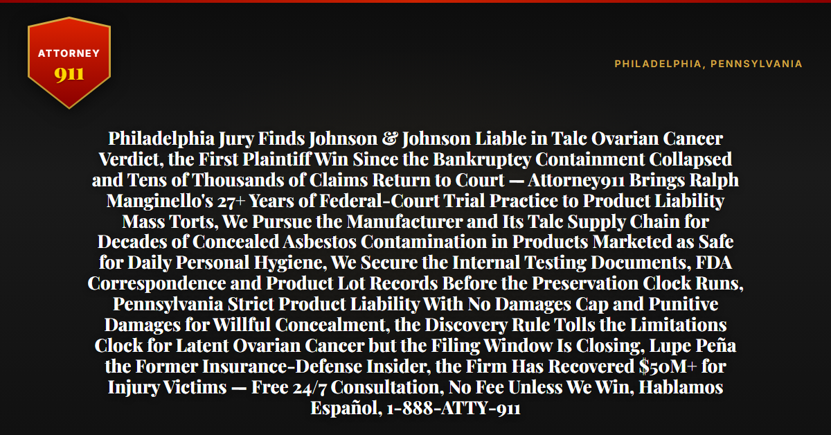 Philadelphia Jury Finds Johnson & Johnson Liable in Talc Ovarian Cancer Verdict, the First Plaintiff Win Since the Bankruptcy Containment Collapsed and Tens of Thousands of Claims Return to Court — Attorney911 Brings Ralph Manginello's 27+ Years of Federal-Court Trial Practice to Product Liability Mass Torts, We Pursue the Manufacturer and Its Talc Supply Chain for Decades of Concealed Asbestos Contamination in Products Marketed as Safe for Daily Personal Hygiene, We Secure the Internal Testing Documents, FDA Correspondence and Product Lot Records Before the Preservation Clock Runs, Pennsylvania Strict Product Liability With No Damages Cap and Punitive Damages for Willful Concealment, the Discovery Rule Tolls the Limitations Clock for Latent Ovarian Cancer but the Filing Window Is Closing, Lupe Peña the Former Insurance-Defense Insider, the Firm Has Recovered $50M+ for Injury Victims — Free 24/7 Consultation, No Fee Unless We Win, Hablamos Español, 1-888-ATTY-911 - Attorney911