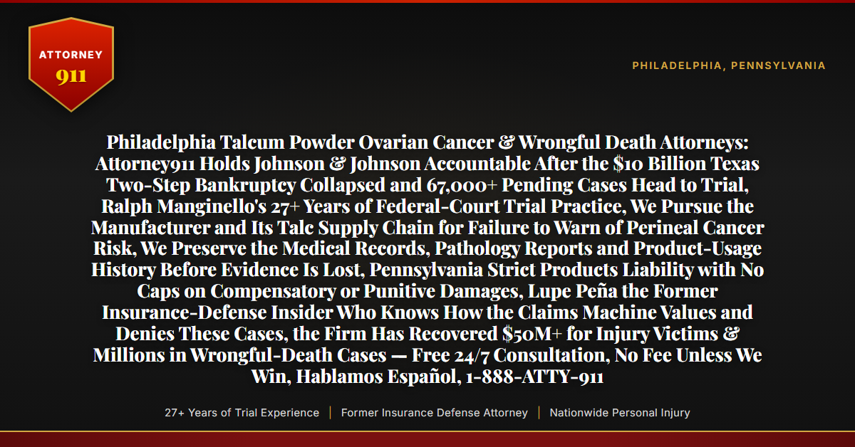 Philadelphia Talcum Powder Ovarian Cancer & Wrongful Death Attorneys: Attorney911 Holds Johnson & Johnson Accountable After the $10 Billion Texas Two-Step Bankruptcy Collapsed and 67,000+ Pending Cases Head to Trial, Ralph Manginello's 27+ Years of Federal-Court Trial Practice, We Pursue the Manufacturer and Its Talc Supply Chain for Failure to Warn of Perineal Cancer Risk, We Preserve the Medical Records, Pathology Reports and Product-Usage History Before Evidence Is Lost, Pennsylvania Strict Products Liability with No Caps on Compensatory or Punitive Damages, Lupe Peña the Former Insurance-Defense Insider Who Knows How the Claims Machine Values and Denies These Cases, the Firm Has Recovered $50M+ for Injury Victims & Millions in Wrongful-Death Cases — Free 24/7 Consultation, No Fee Unless We Win, Hablamos Español, 1-888-ATTY-911 - Attorney911